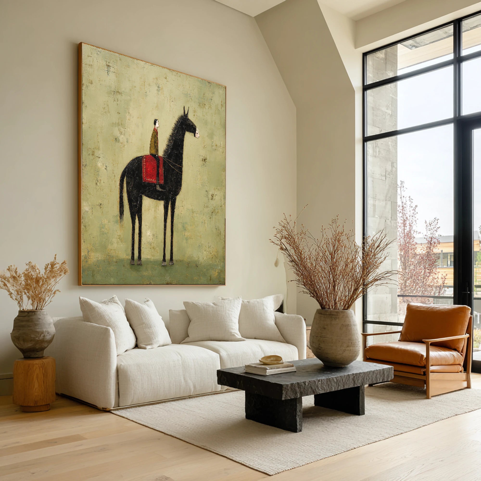 Hand-Painted Black Horse Rider Canvas Art, Minimalist Vintage Style #WA539