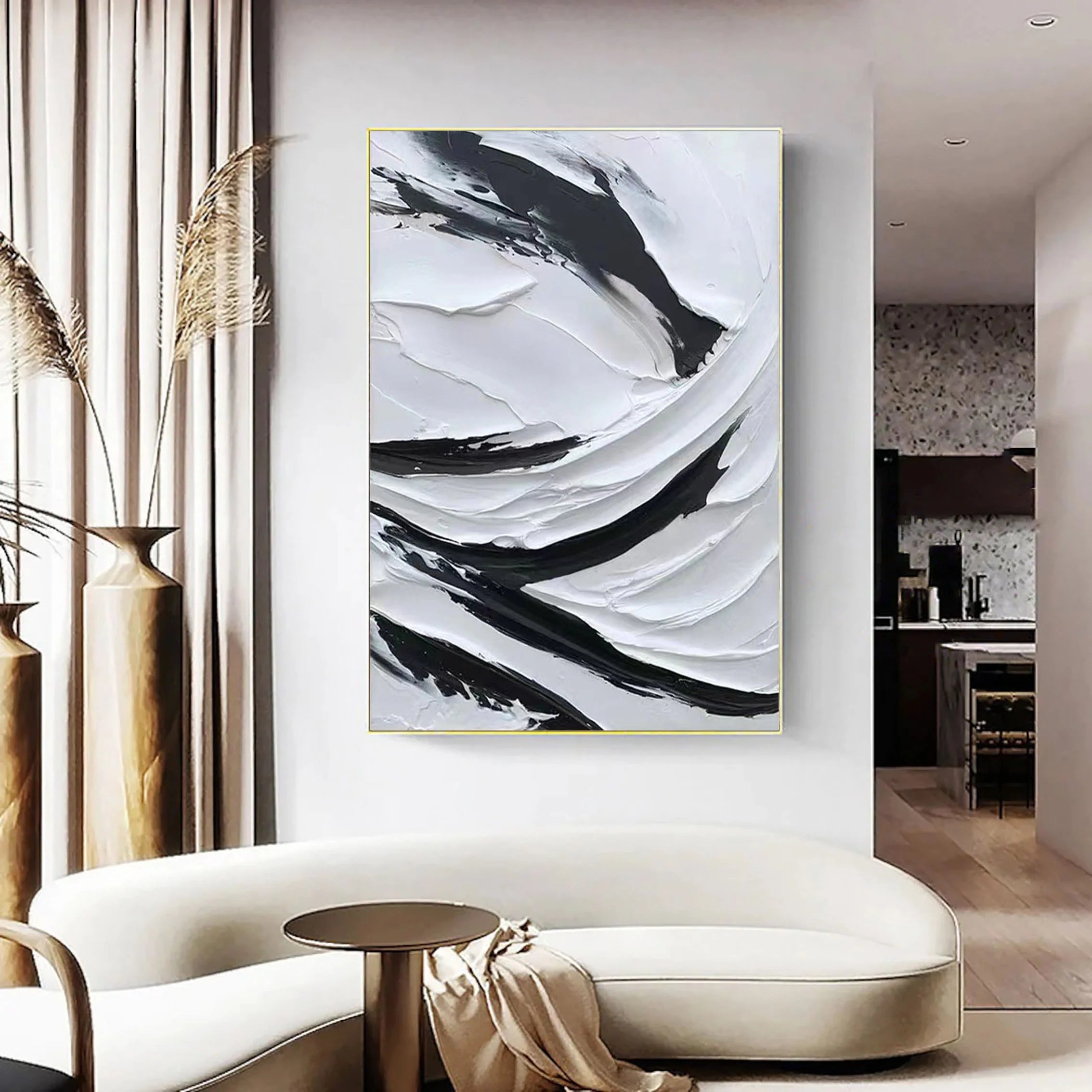 Black and White Plaster Art Textured Painting on Canvas Wall Decor
