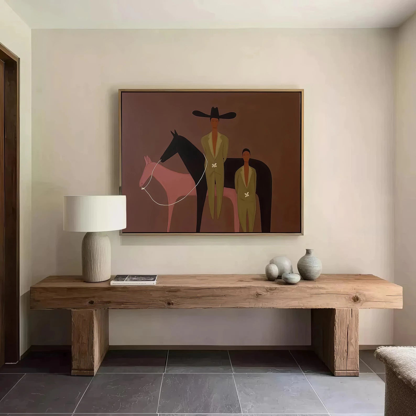 Modern Cowboy & Two Horses Art #CB8