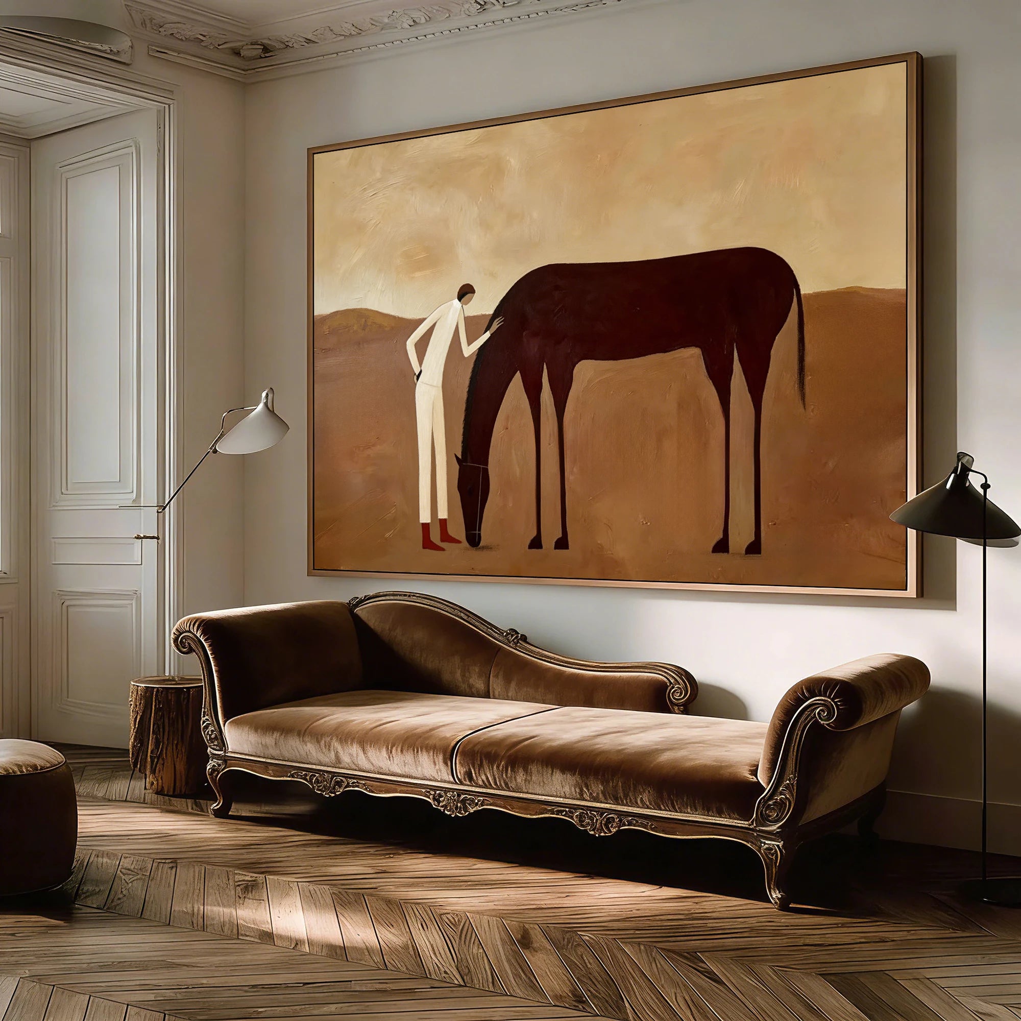 Contemporary Neutral Tone Horse & Rider Oil Painting #AB625