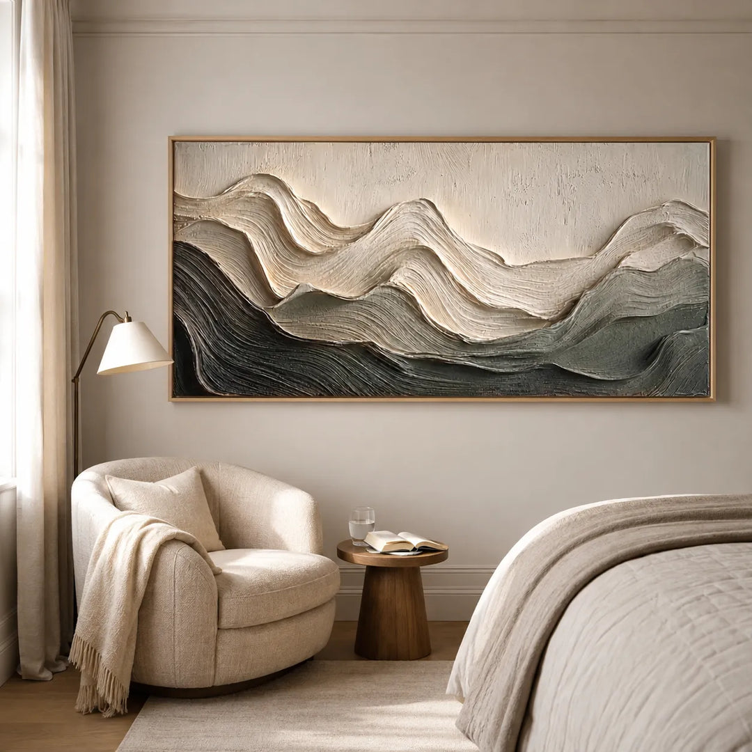 Warm Ivory and Sage Textured Mountain Wall Art for Living Room, Layered Abstract #95VWODD1