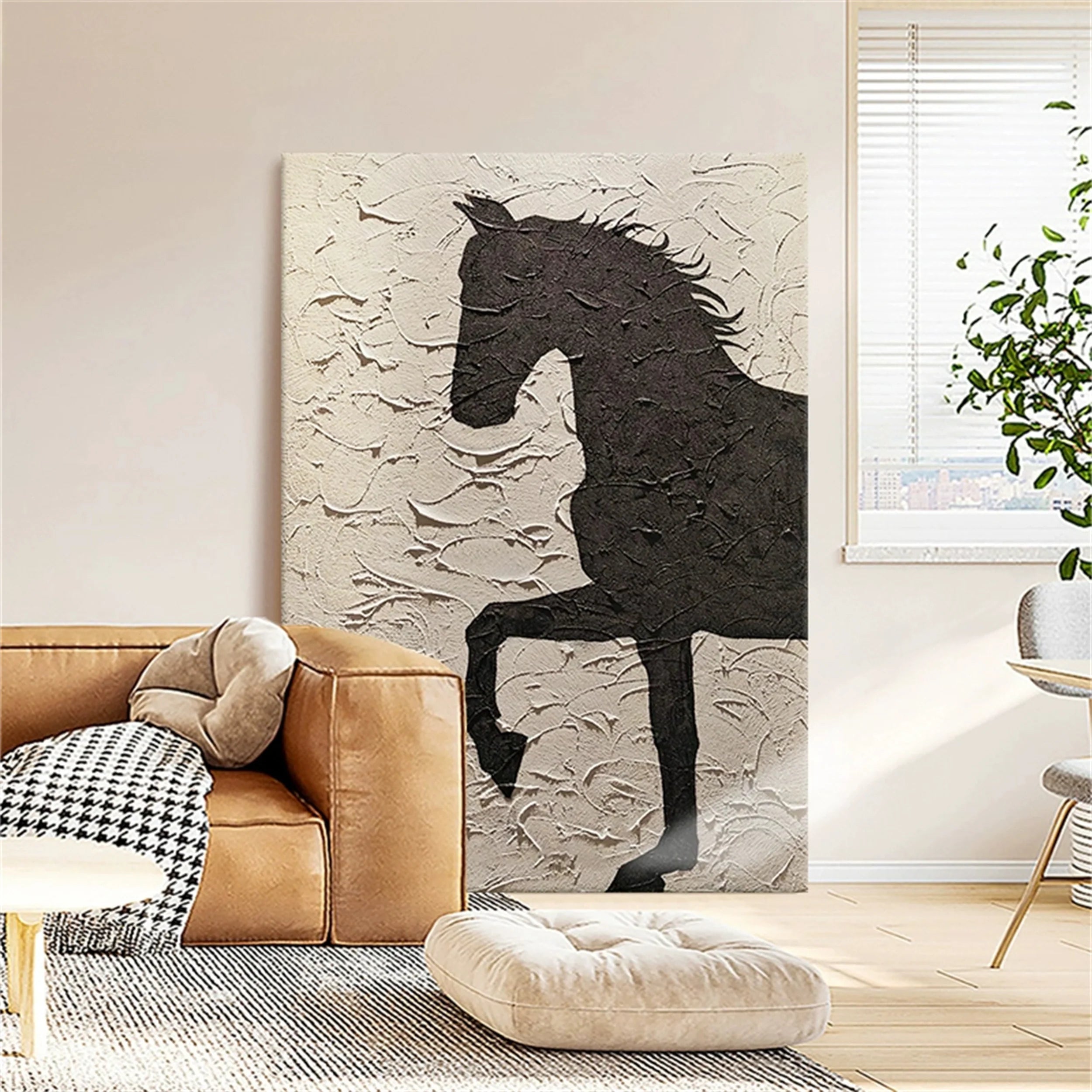 Beige And Black Horse Abstract Animal Wall Art #AM040