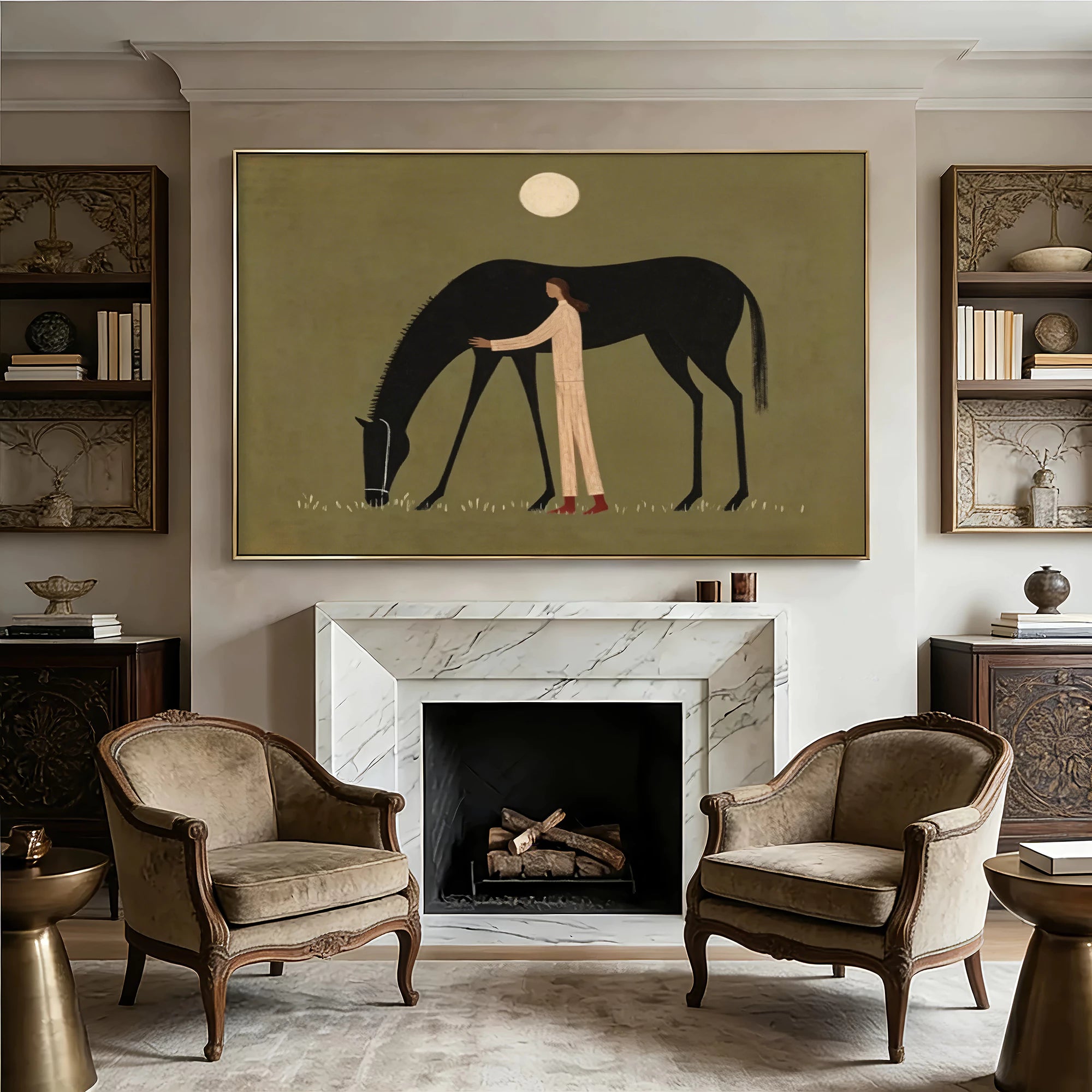Hand-Painted Figure & Black Horse Oil Painting #AB185