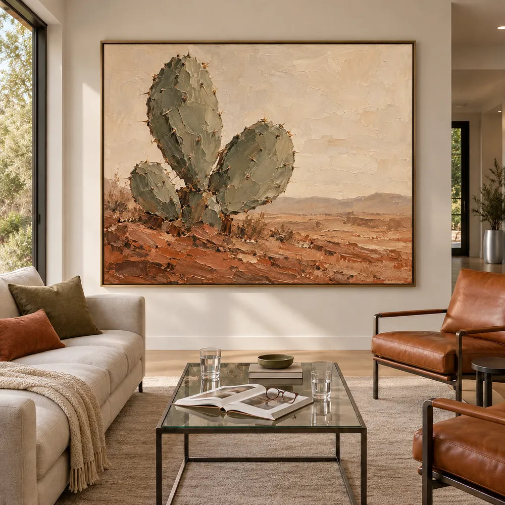 Sand Rust Hand-Painted Cactus Painting, Open Desert View #URZL2TCE