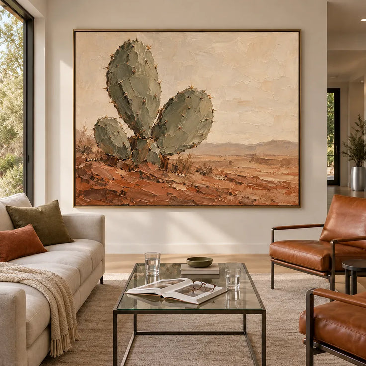 Sand Rust Hand-Painted Cactus Painting, Open Desert View #URZL2TCE