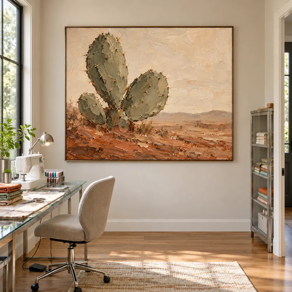 Sand Rust Hand-Painted Cactus Painting, Open Desert View #URZL2TCE