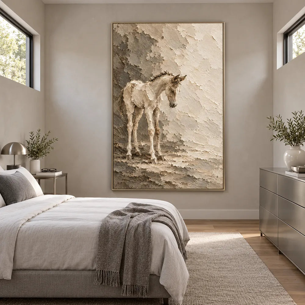 Cream Hand-Painted Horse Painting, Quiet Neutral Equestrian Art #2QI5QHDM