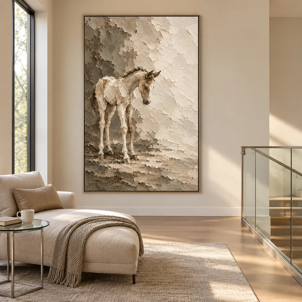 Cream Hand-Painted Horse Painting, Quiet Neutral Equestrian Art #2QI5QHDM