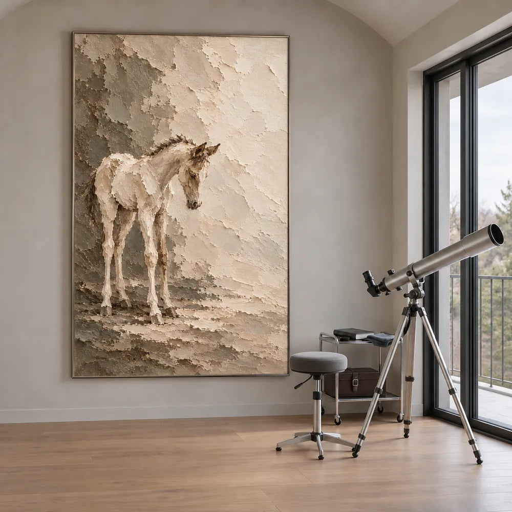 Cream Hand-Painted Horse Painting, Quiet Neutral Equestrian Art #2QI5QHDM
