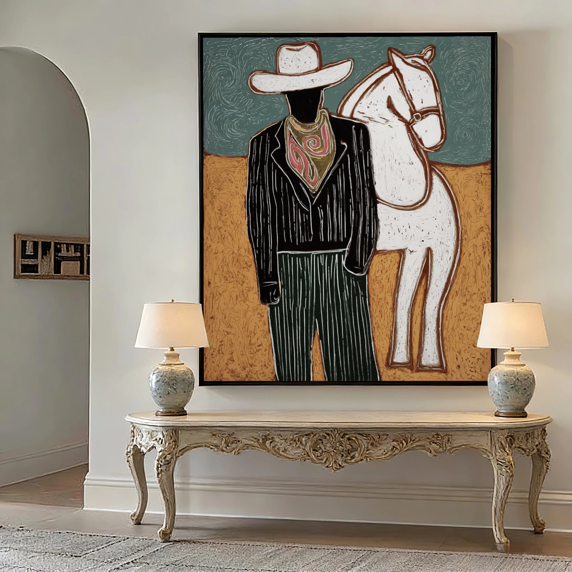 Modern Western Cowboy White Horse Oil Painting #AB188