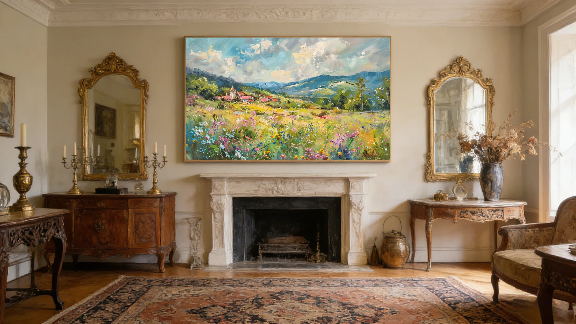 Wildflower Meadow Village Oil Painting #FT589
