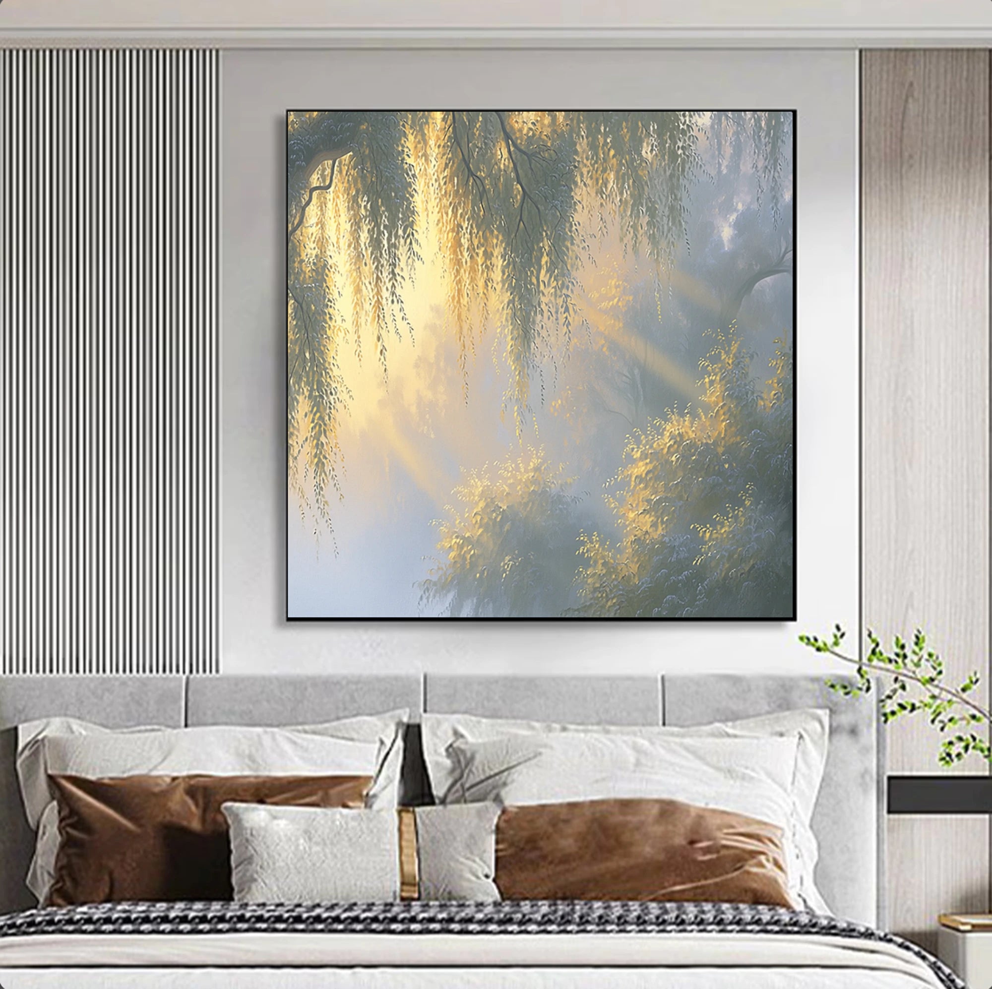 Hand-painted Morning Willow Light Forest Landscape Oil Painting #FT527