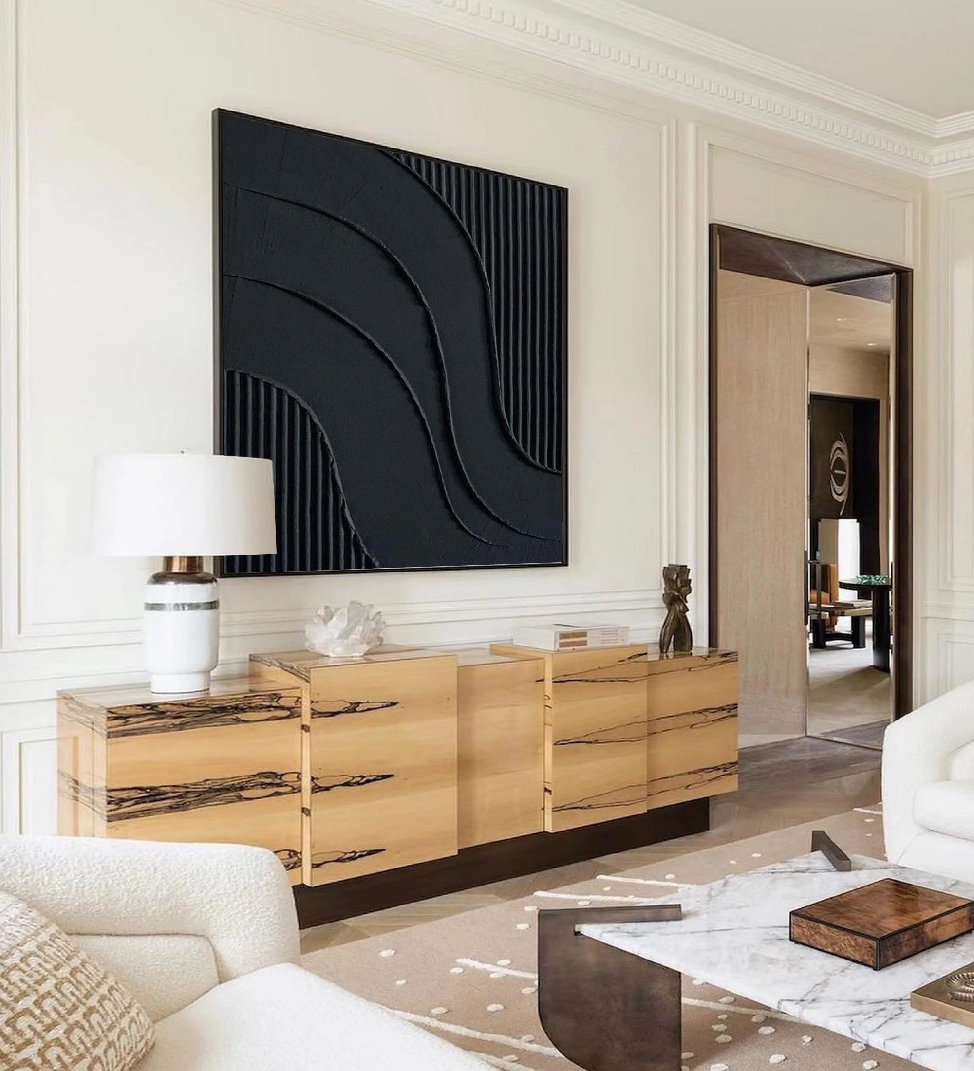 Black Minimalist Painting Original 3D Textired Wall Art Framed Canvas