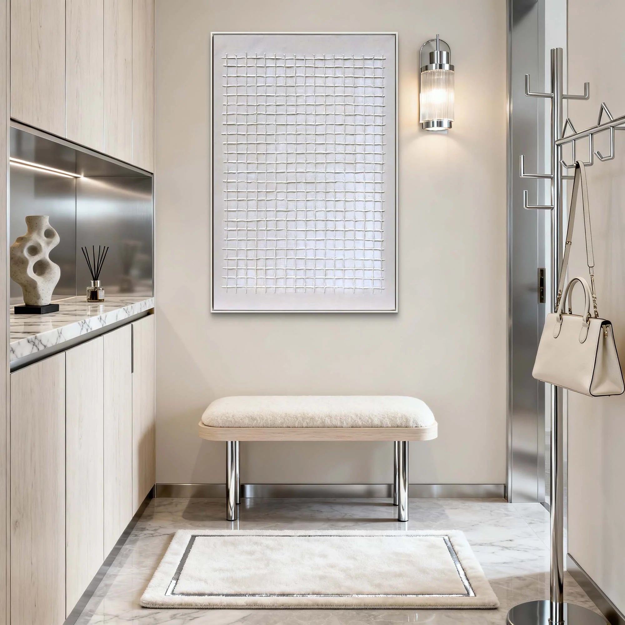 Hand-Painted White Grid Abstract Minimalist Wall Art #MD135