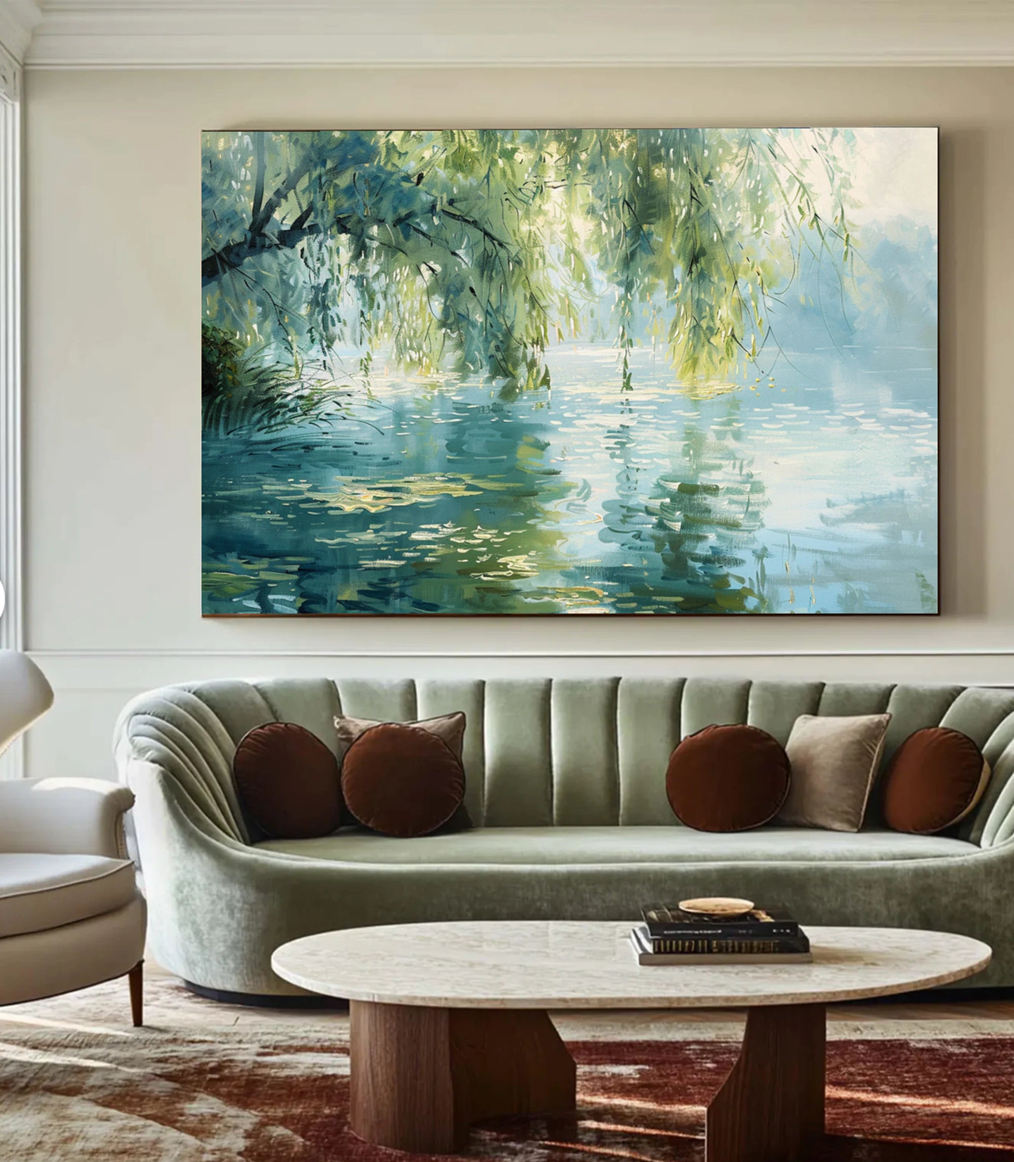 Tranquil Willow Lake Landscape Oil Painting #FT578