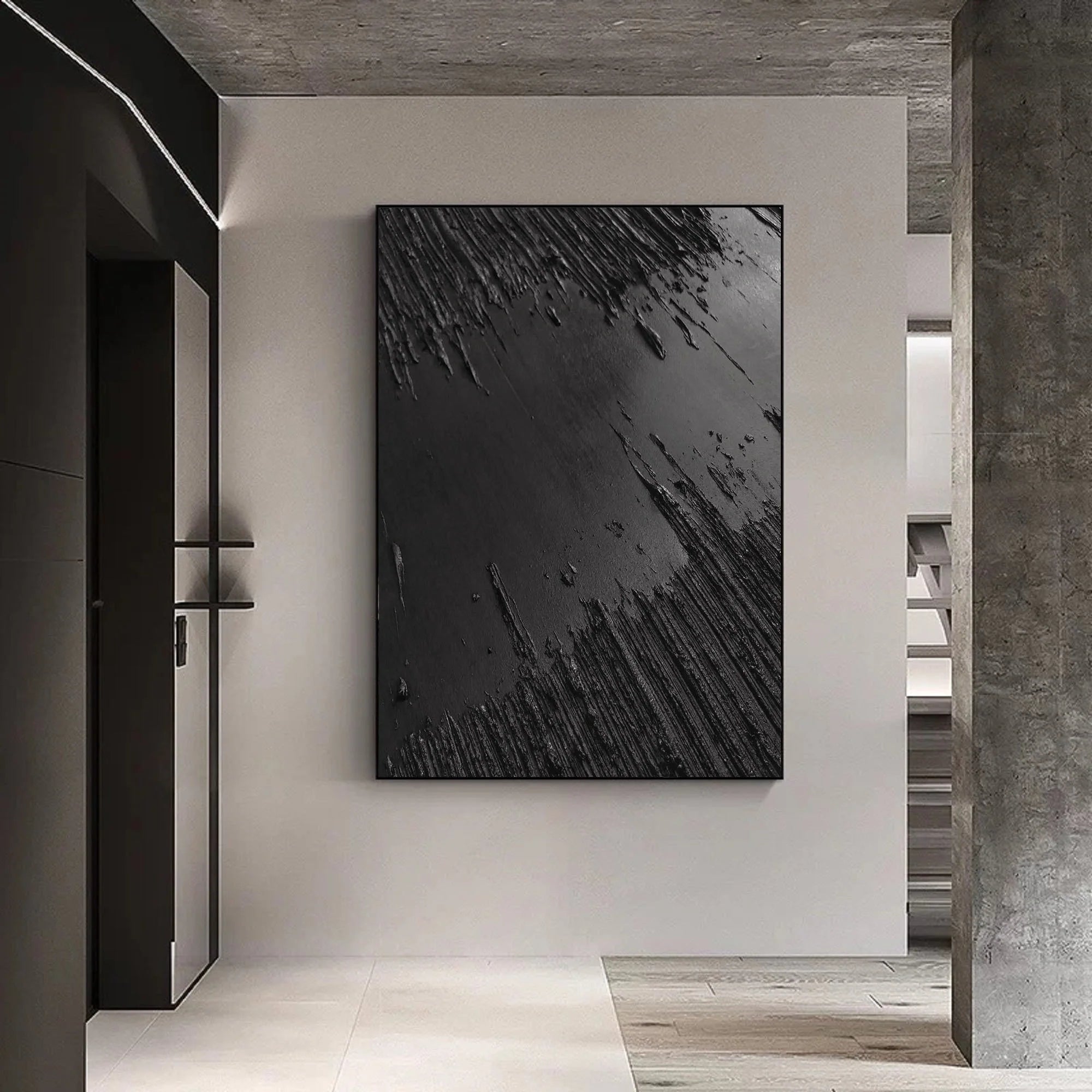 3D Textured Minimalist River Painting Total Black Canvas Wall Decor