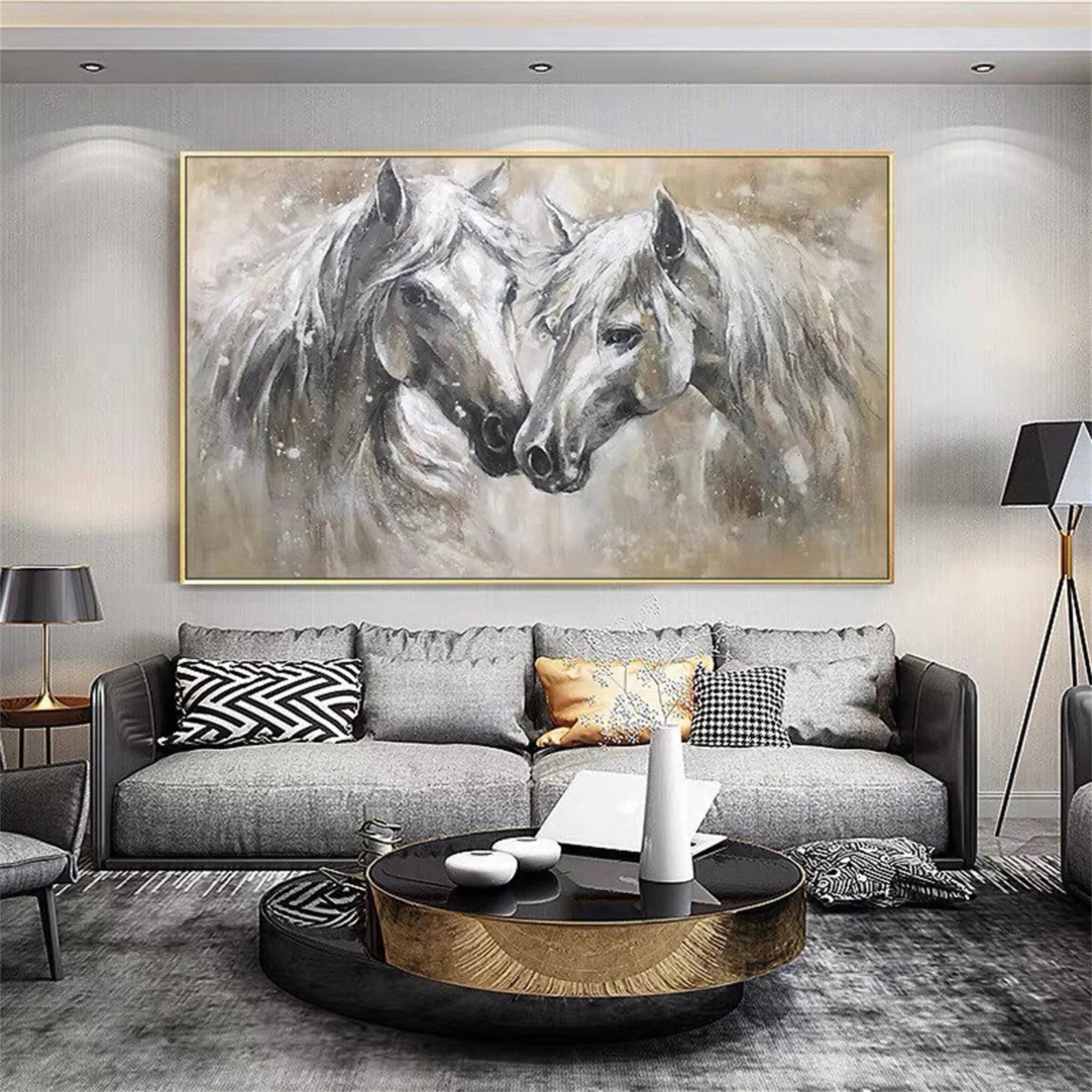 White and Black Horse Abstract Animal Wall Art #AM046