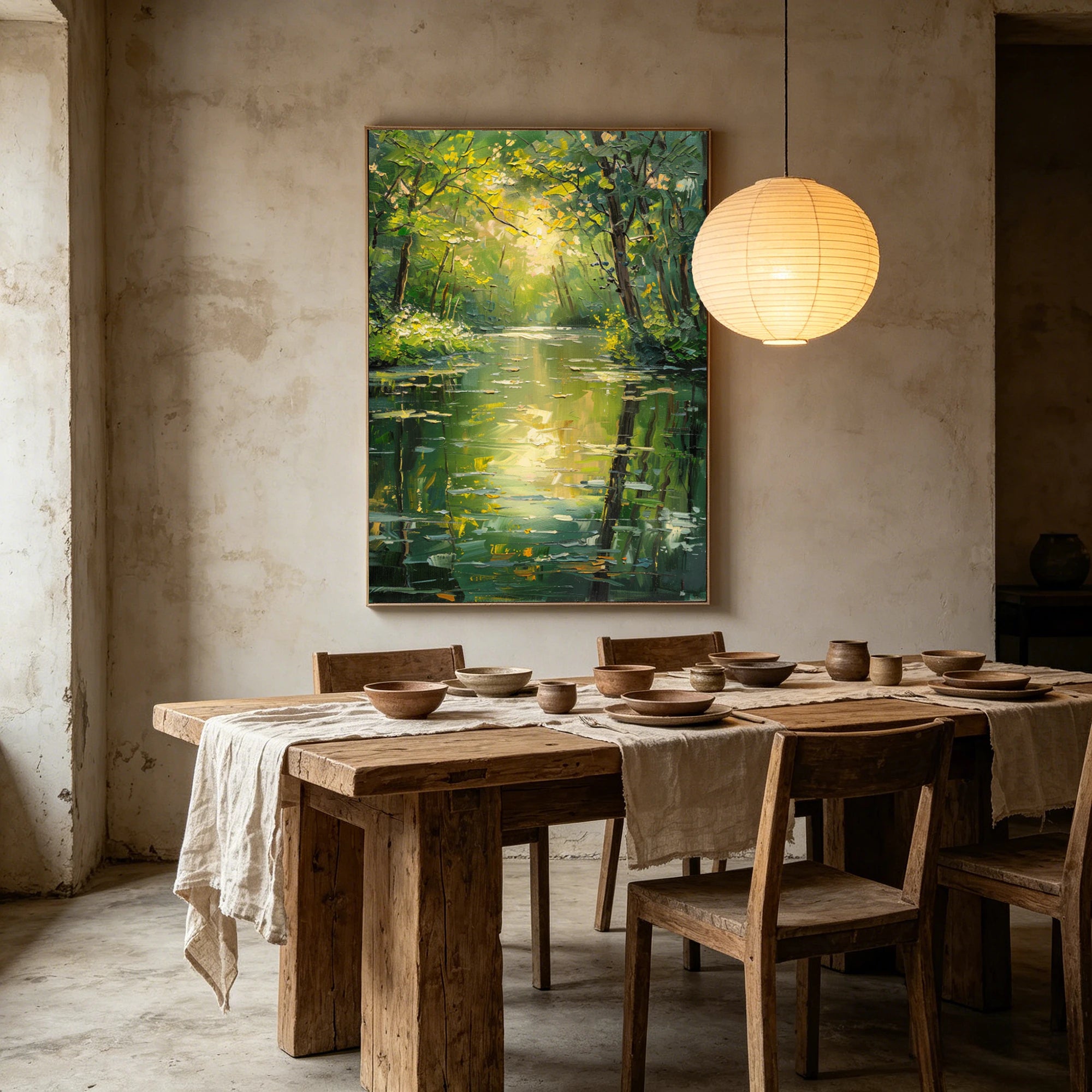 Hand-Painted Green Forest River Oil Painting #FJ597