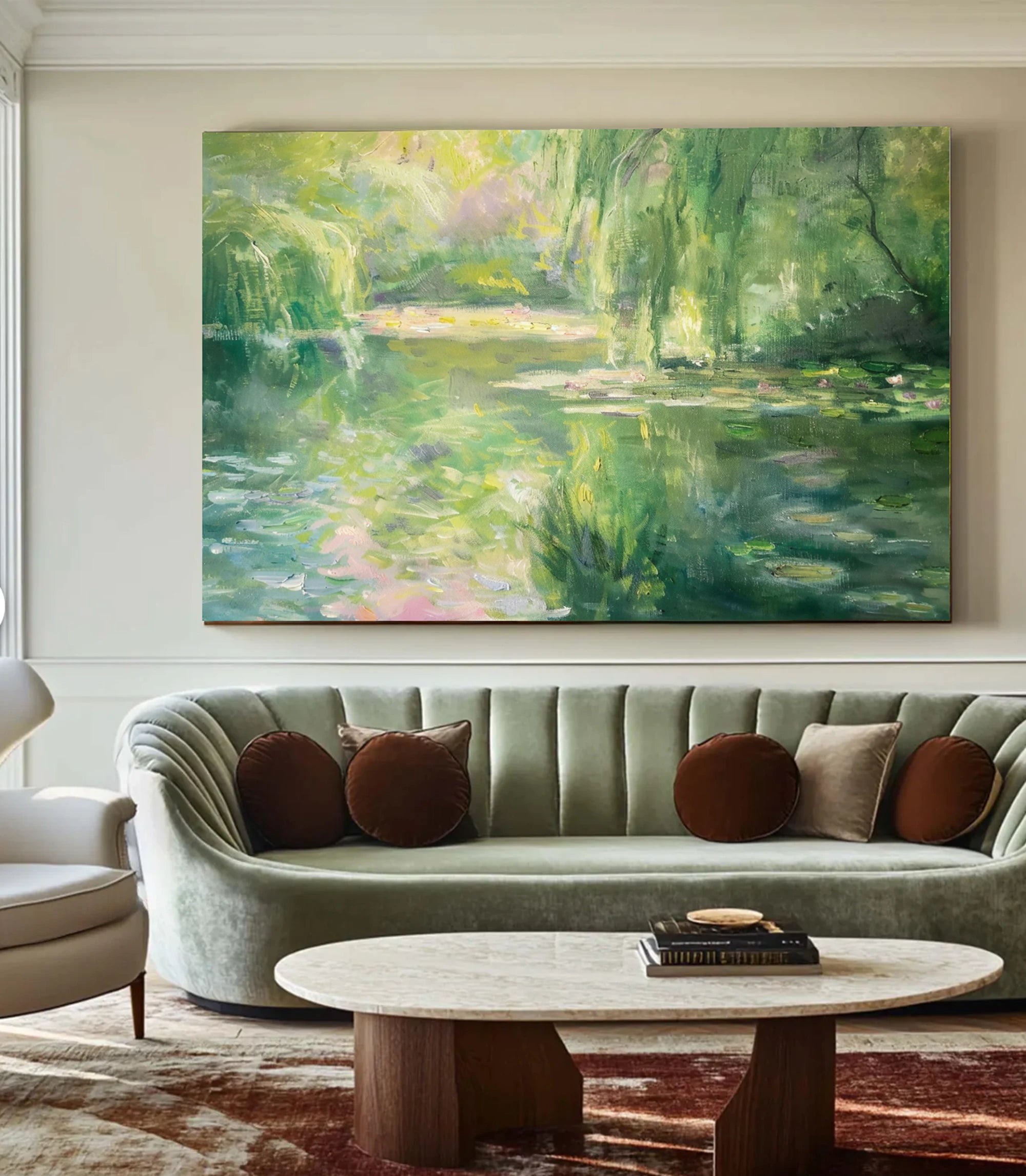 Green Water Lily Pond Oil Painting, Impressionist Wall Art #FT579