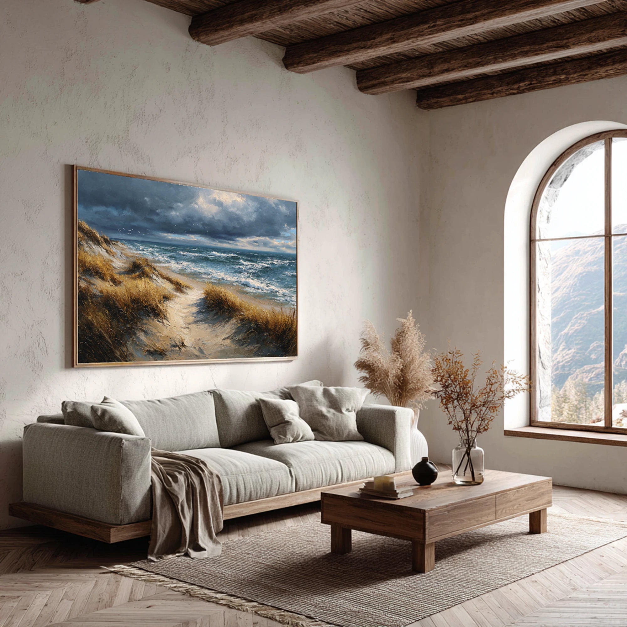 Stormy Beach Dunes Oil Painting Neutral Seascape Canvas #SK590