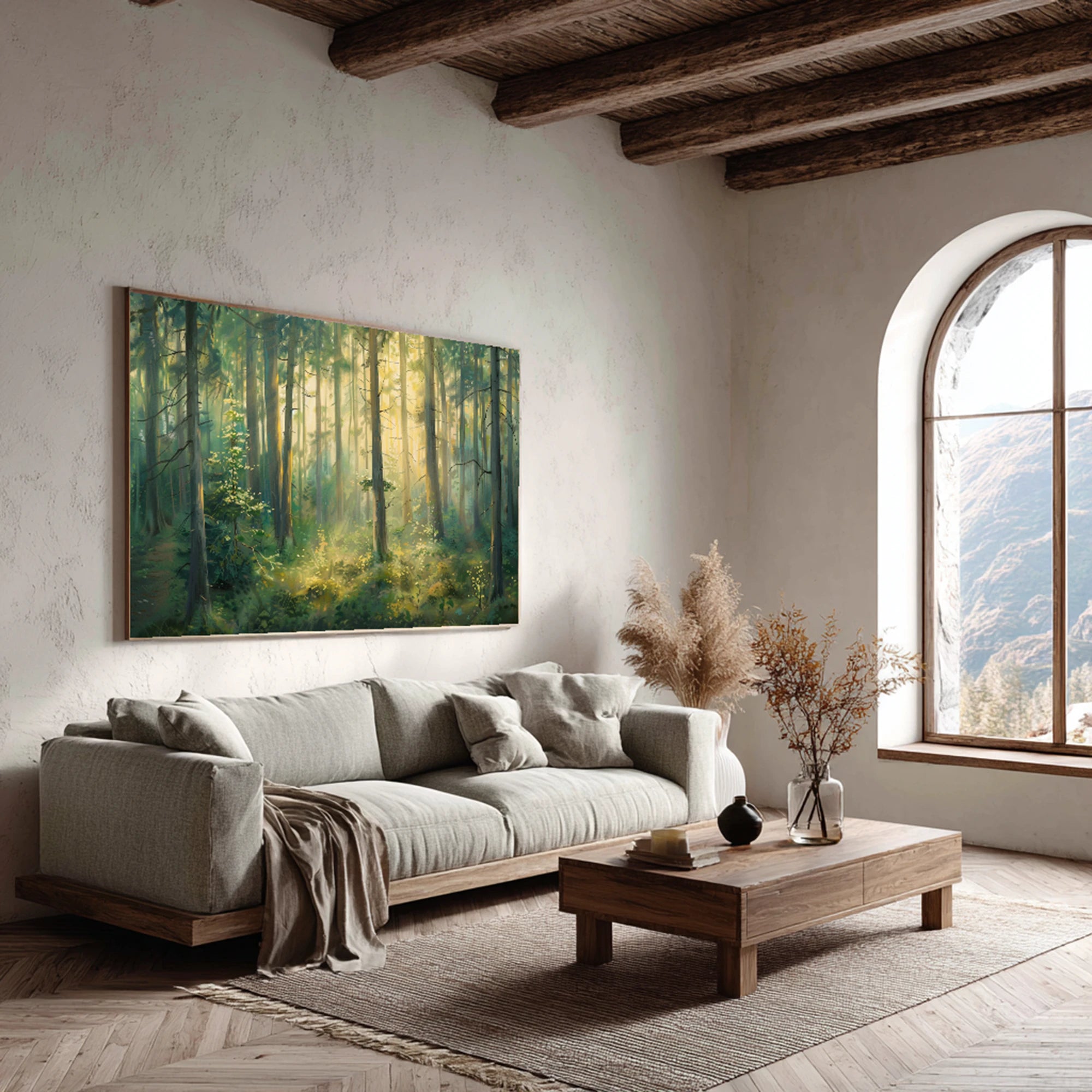 Sunlit Forest Landscape Oil Painting, Green Nature Wall Art #FT593
