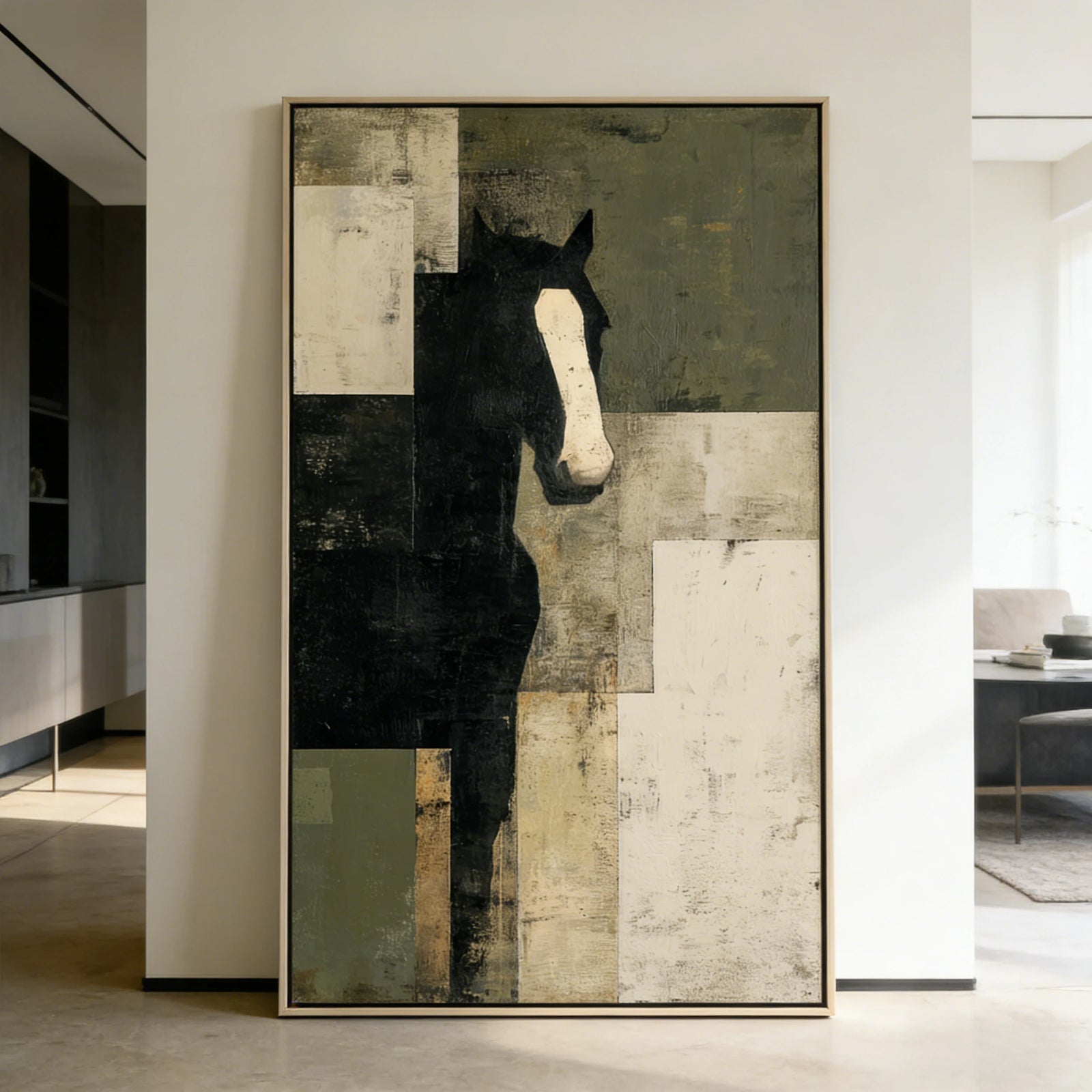 Abstract Black Horse Oil Painting - Hand-Painted Wabi-Sabi Wall Art #WA525