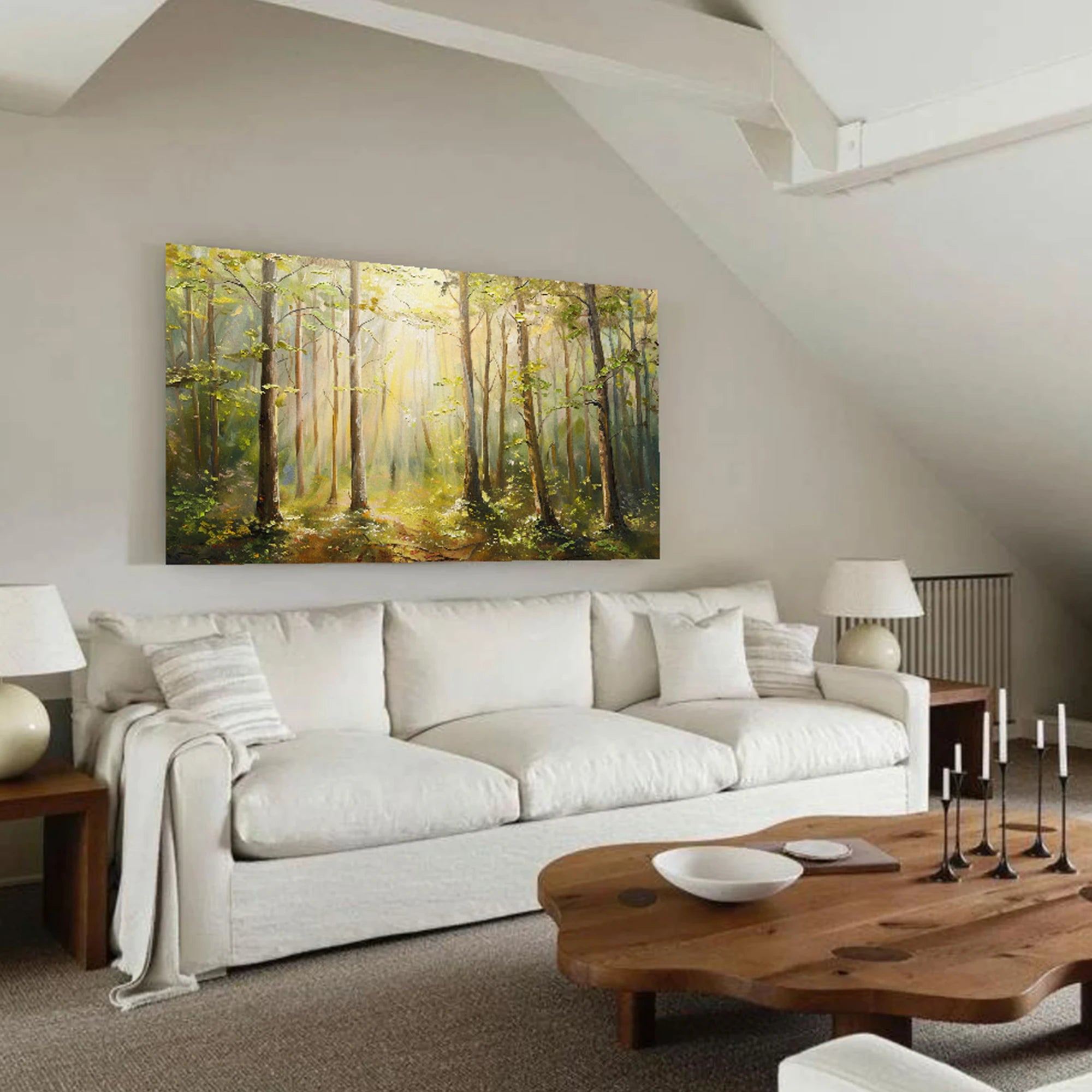 Sunlit Forest Landscape Oil Painting, Large Textured Wall Art #FT596