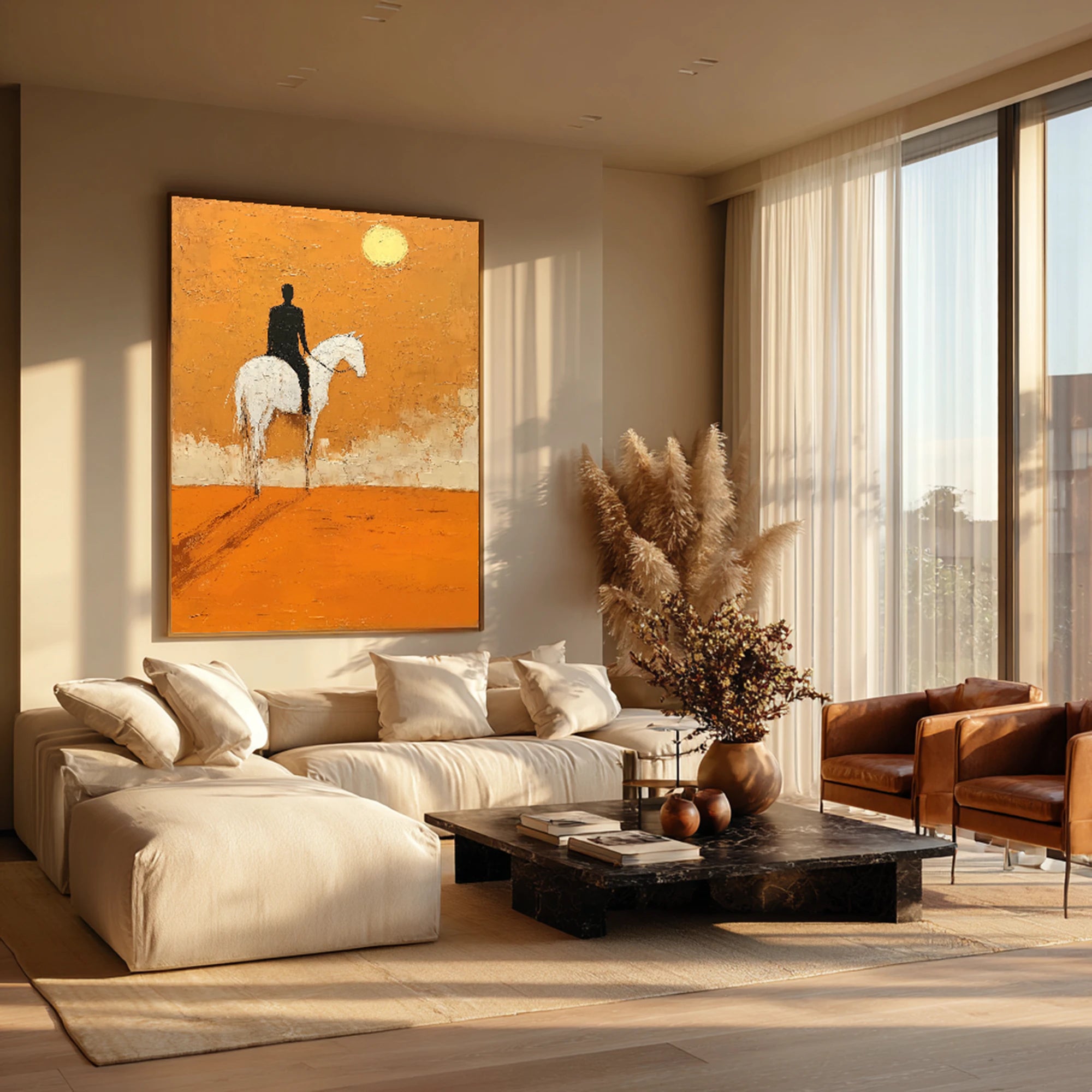 Orange Sunset Horse Rider Abstract Oil Painting, Hand-Painted Wall Art #WA528