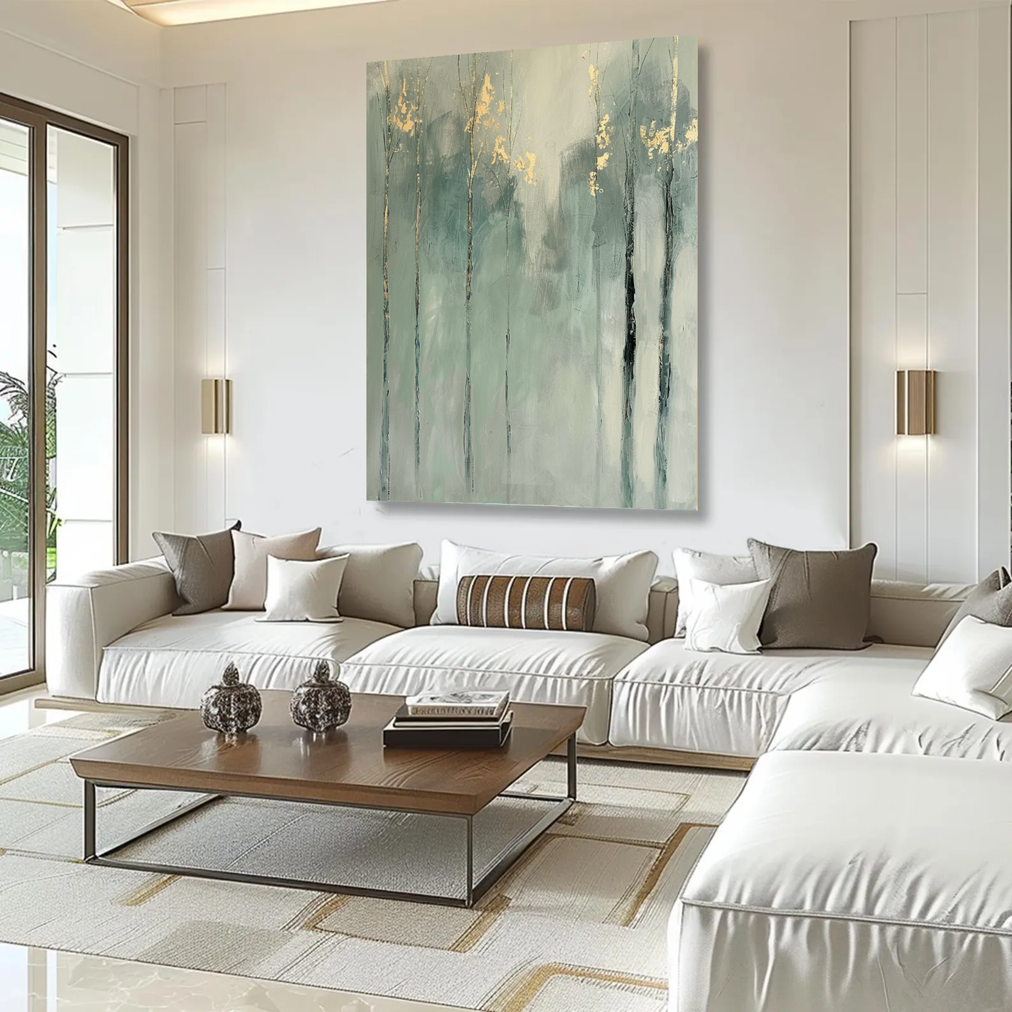 Sage Green Trees with Gold Leaf Abstract Oil Painting #FT211