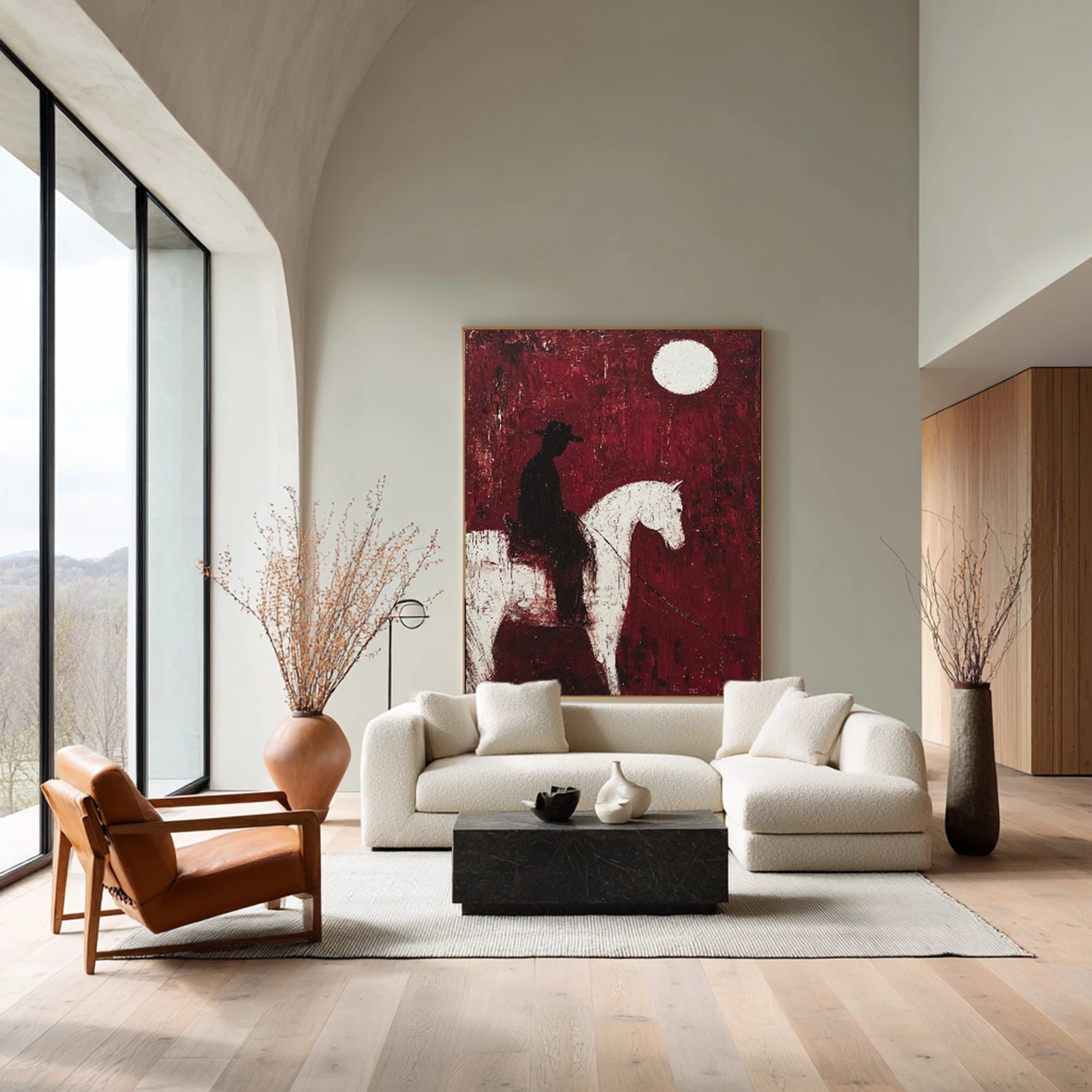 Original Red Abstract Horse Rider Oil Painting #WA531