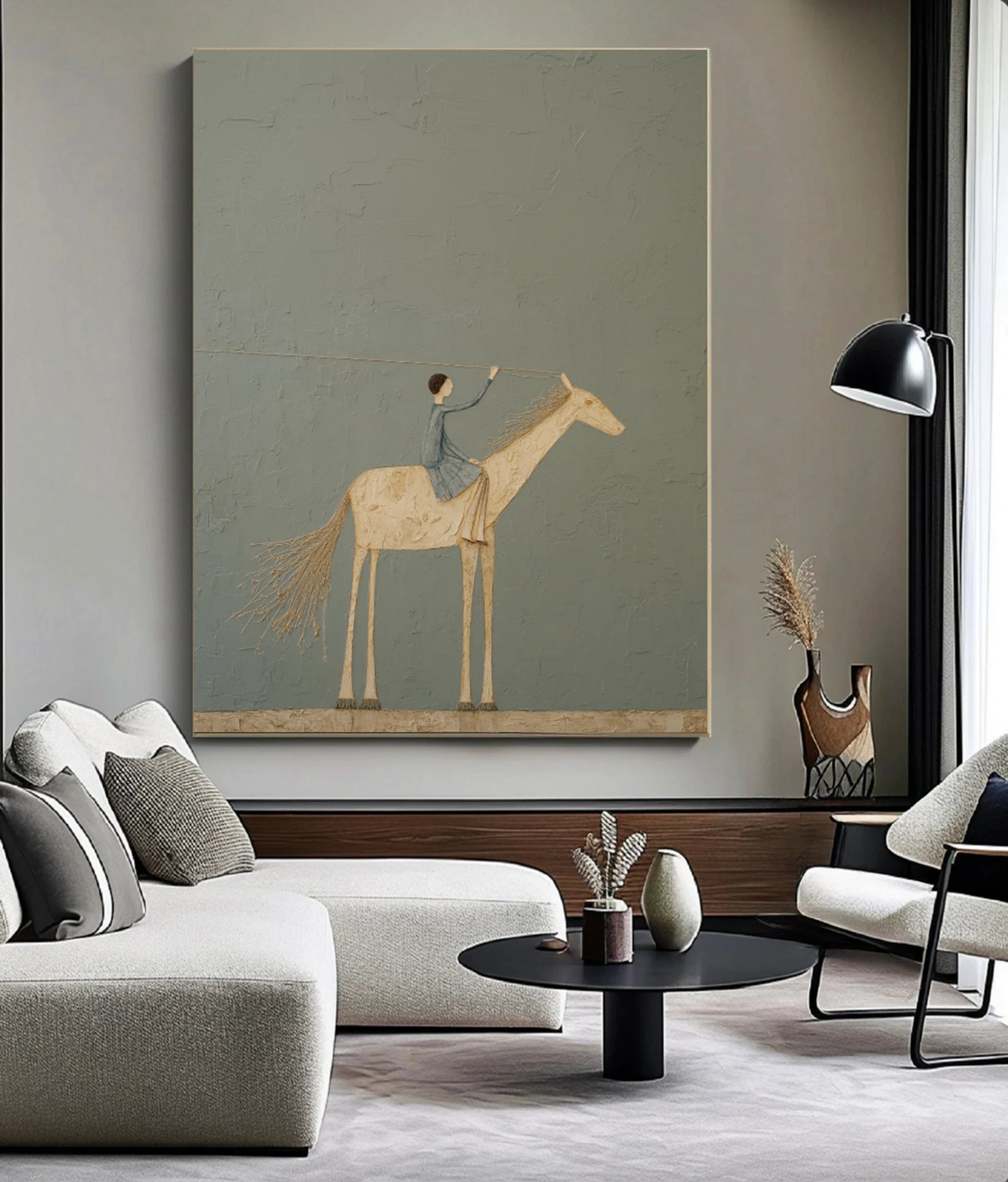 Minimalist Hand-Painted Horse Rider Oil Painting, Neutral Wall Art #WA533