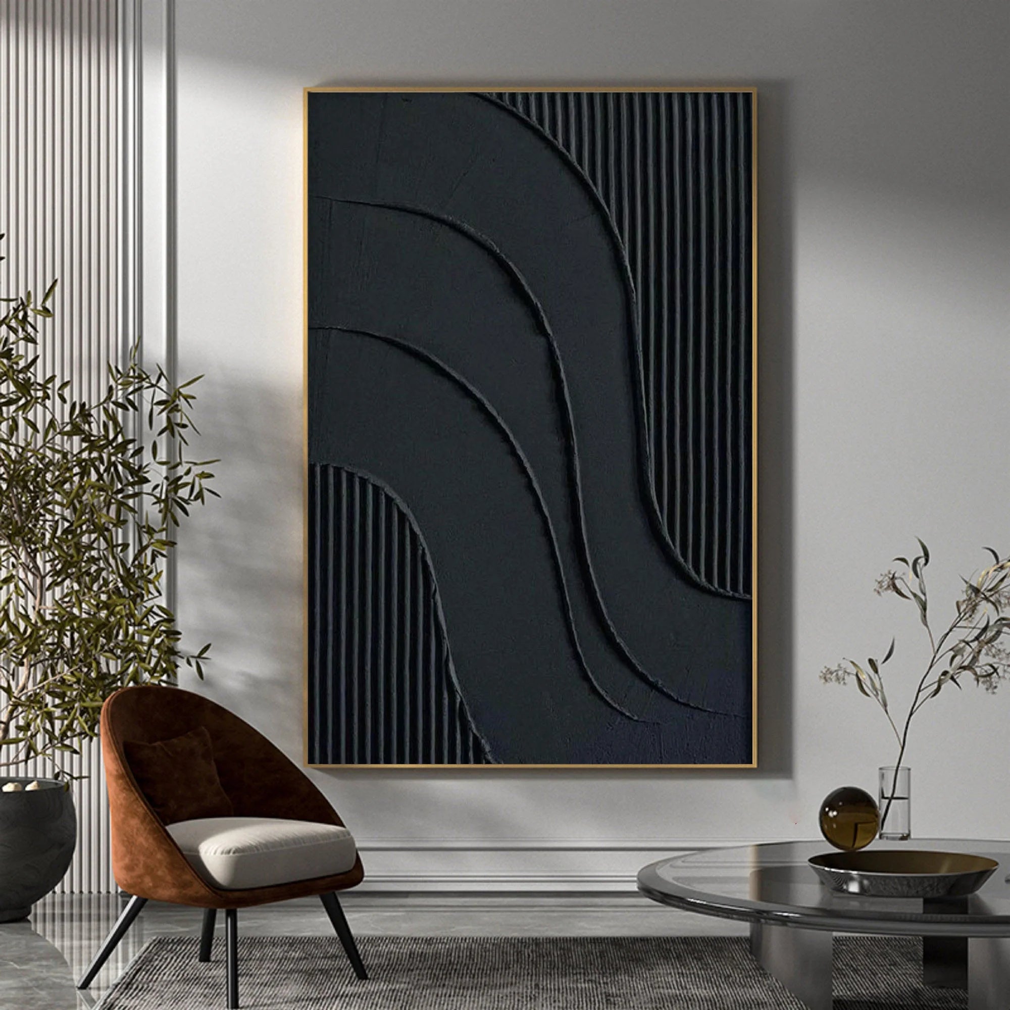 Black 3D Textured Minimalist Original Handcrafted Painting On Canvas Large Abstract Wall Art Luxury Modern Home Decor