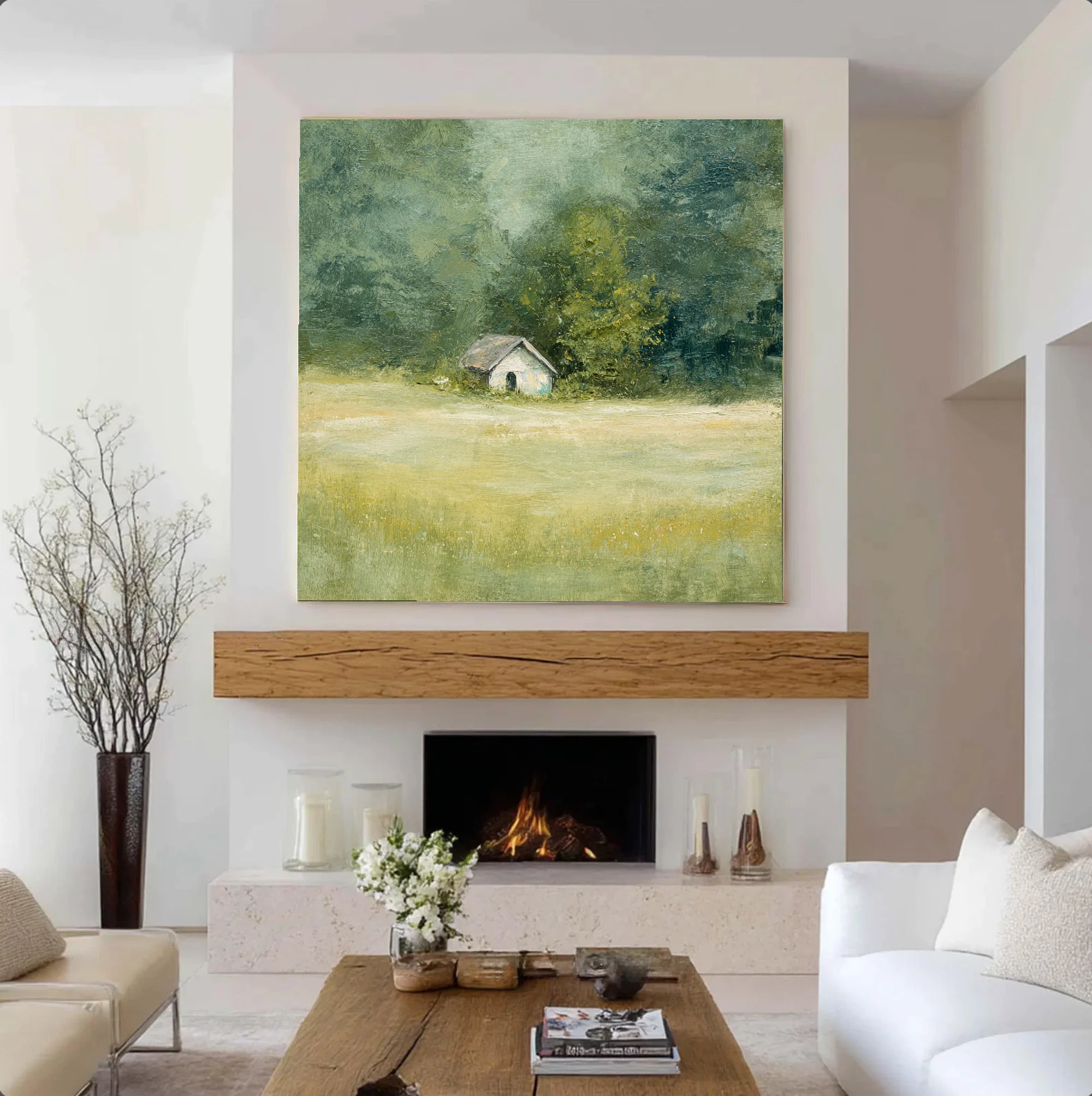 Rustic Cottage Landscape, Green Wall Art #FT521