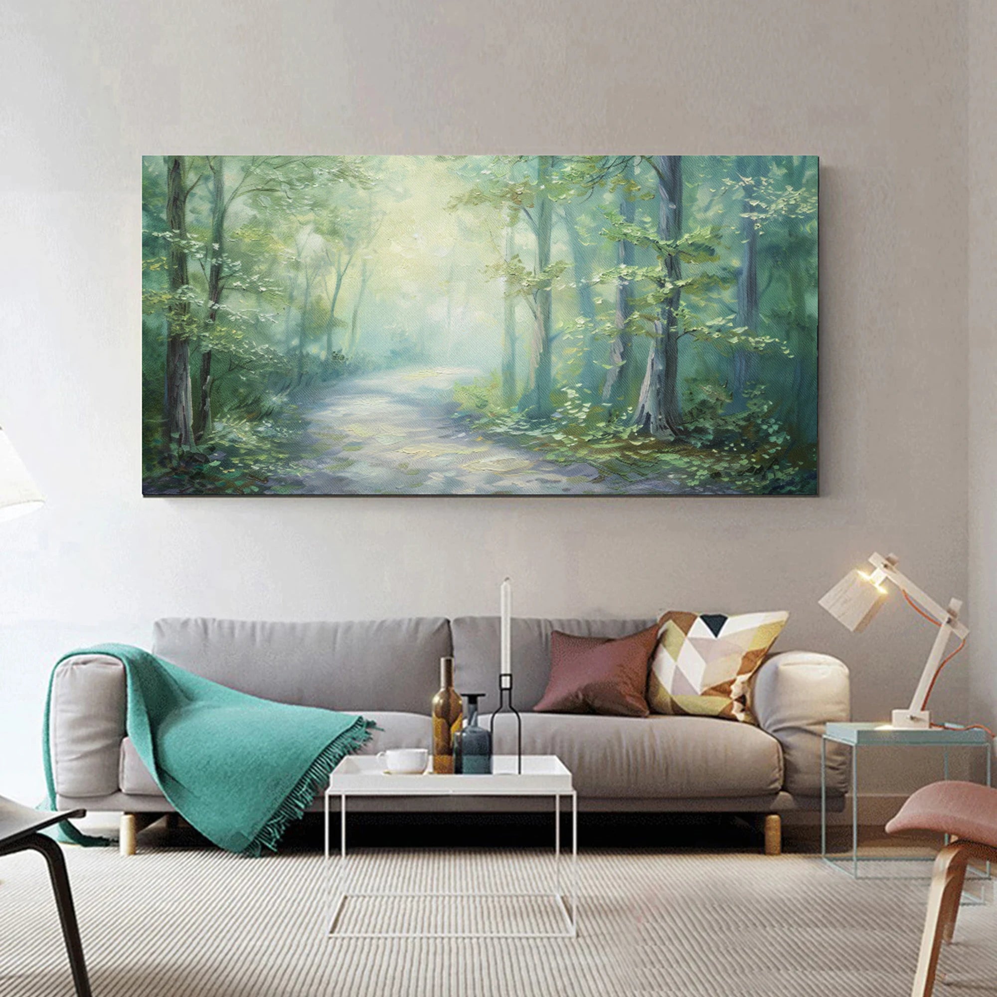 Misty Forest Path Oil Painting, Calm Green Wall Art #FT591