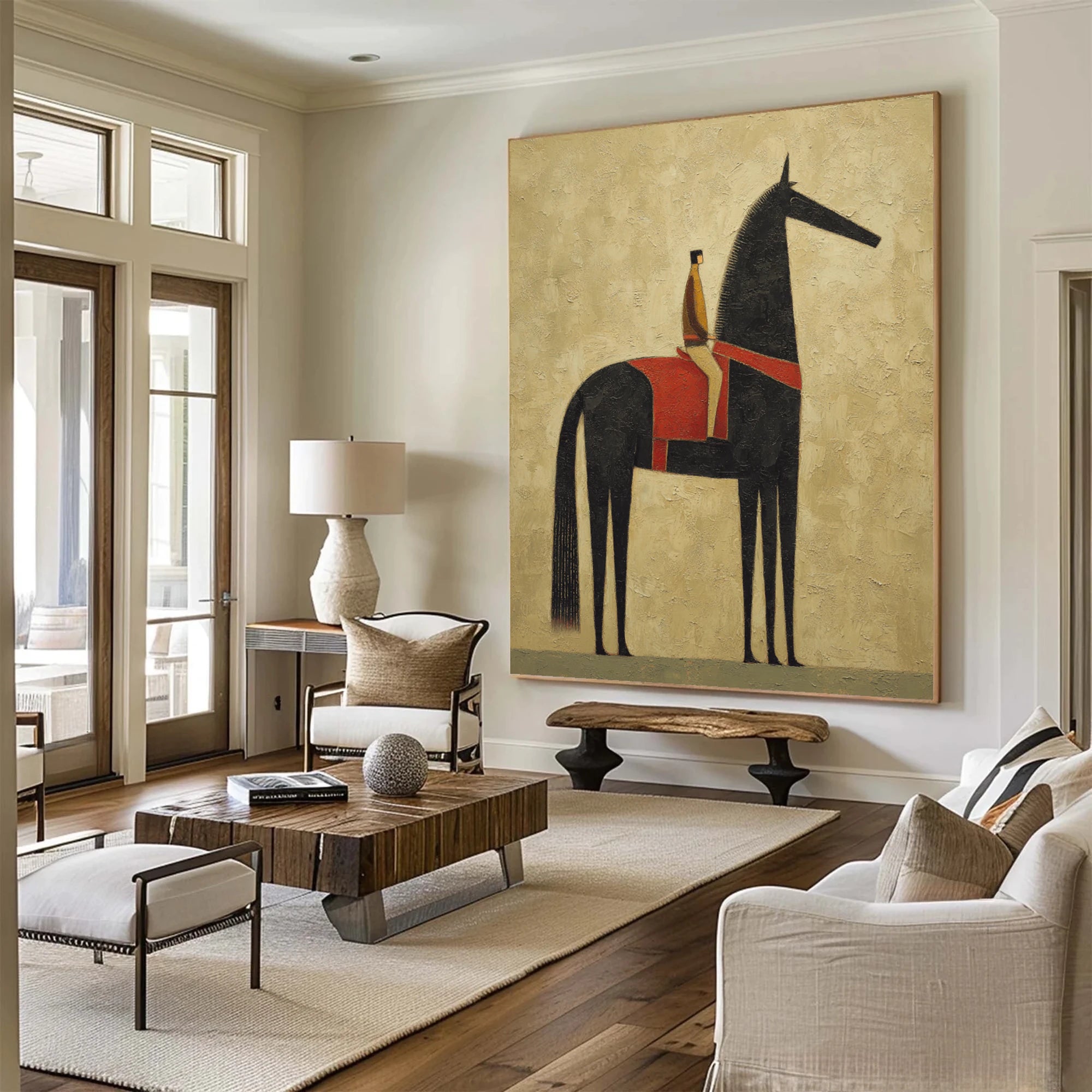 Original Abstract Horse & Rider Oil Painting, Neutral Beige Wall Art #WA526