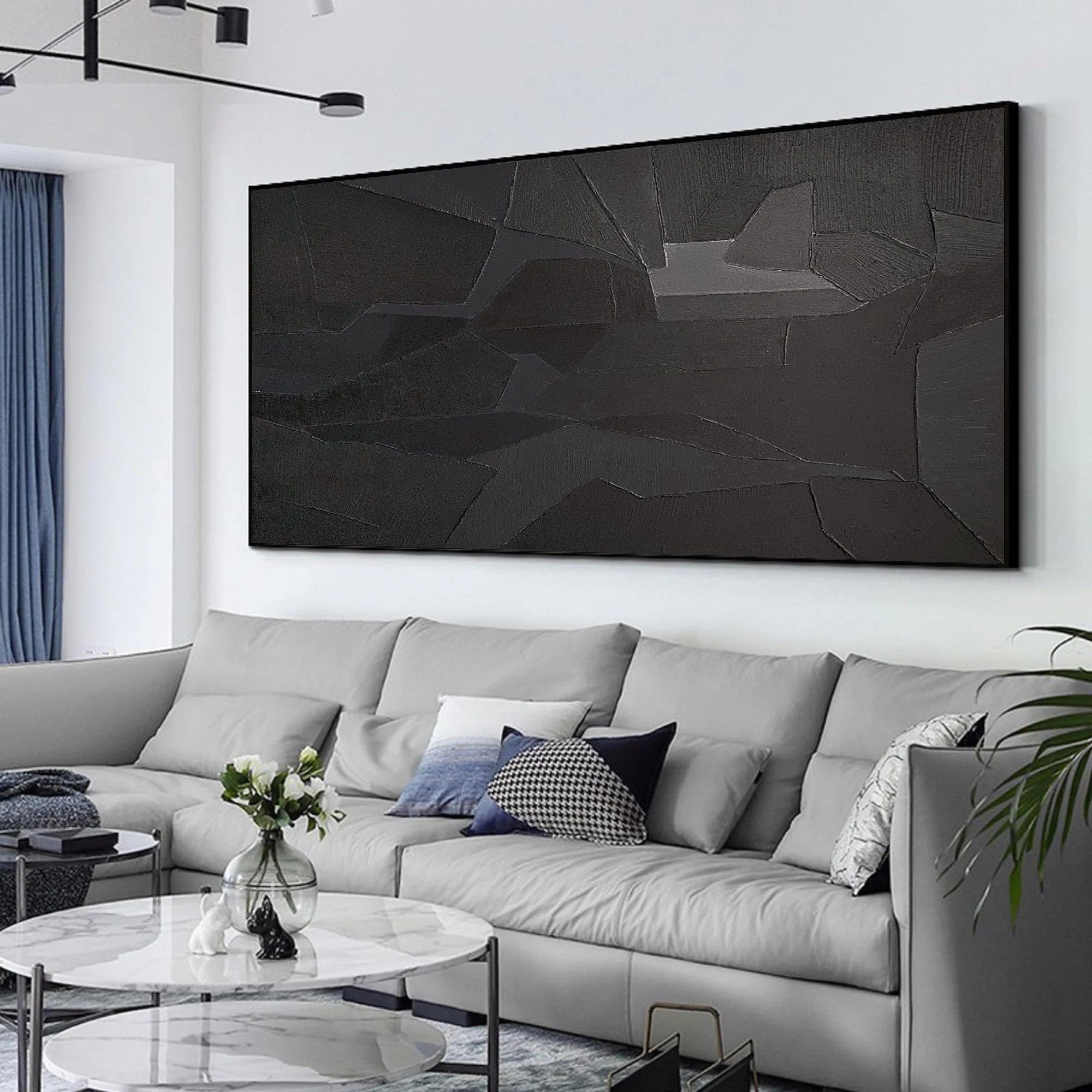 Black Geometric Minimalist Painting On Canvas Handcrafted Abstract Wall Art