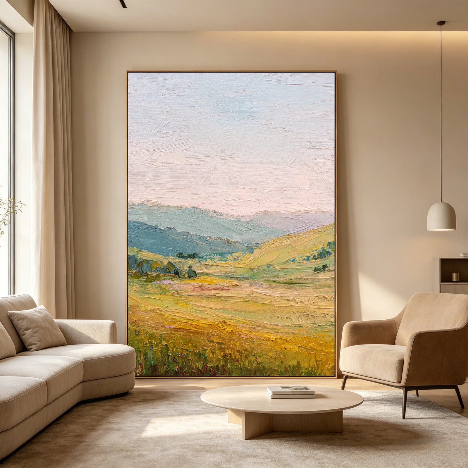 Hand-Painted Golden Meadow Landscape Oil Painting #FT618