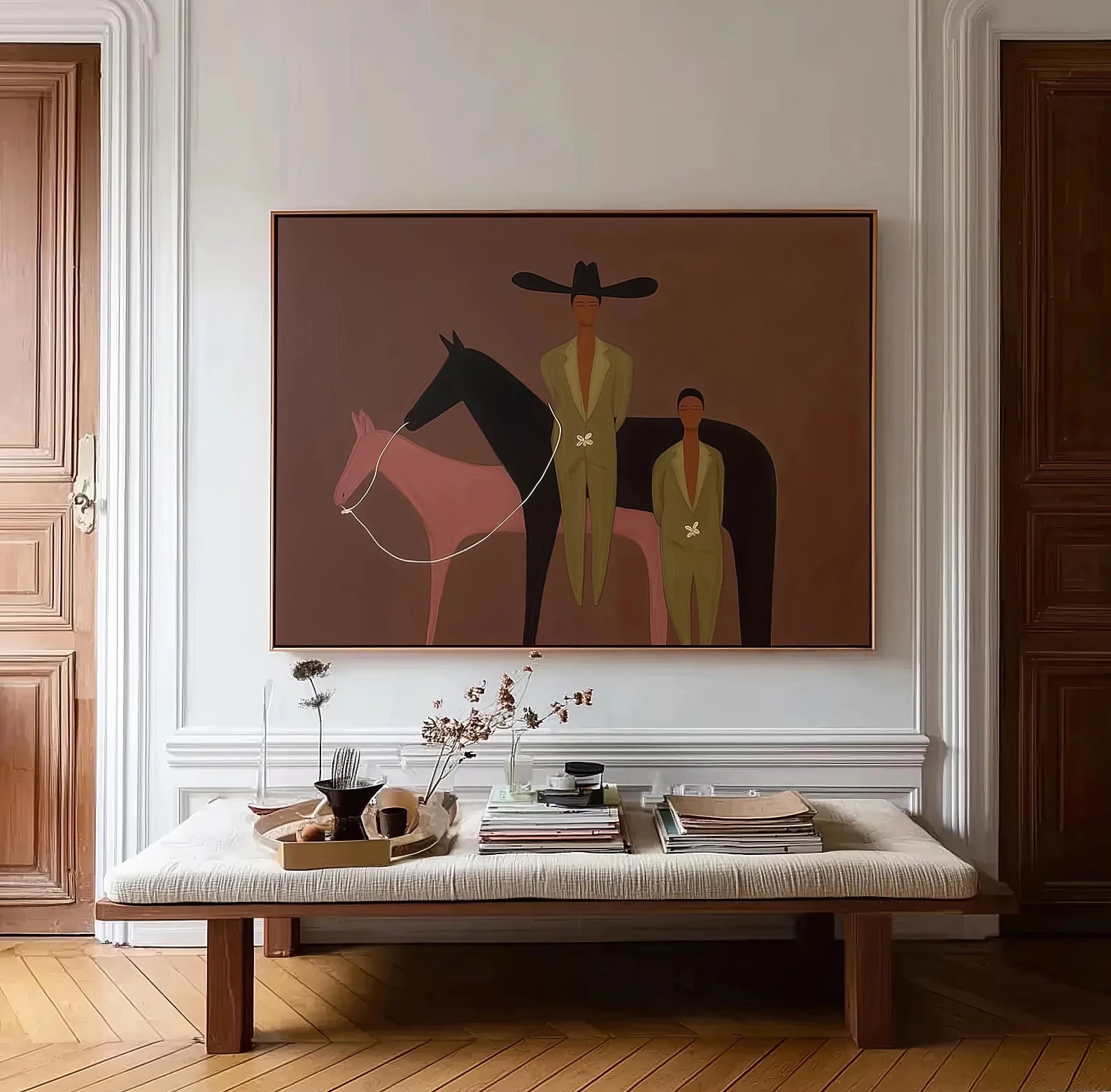 Modern Cowboy & Two Horses Art #CB8