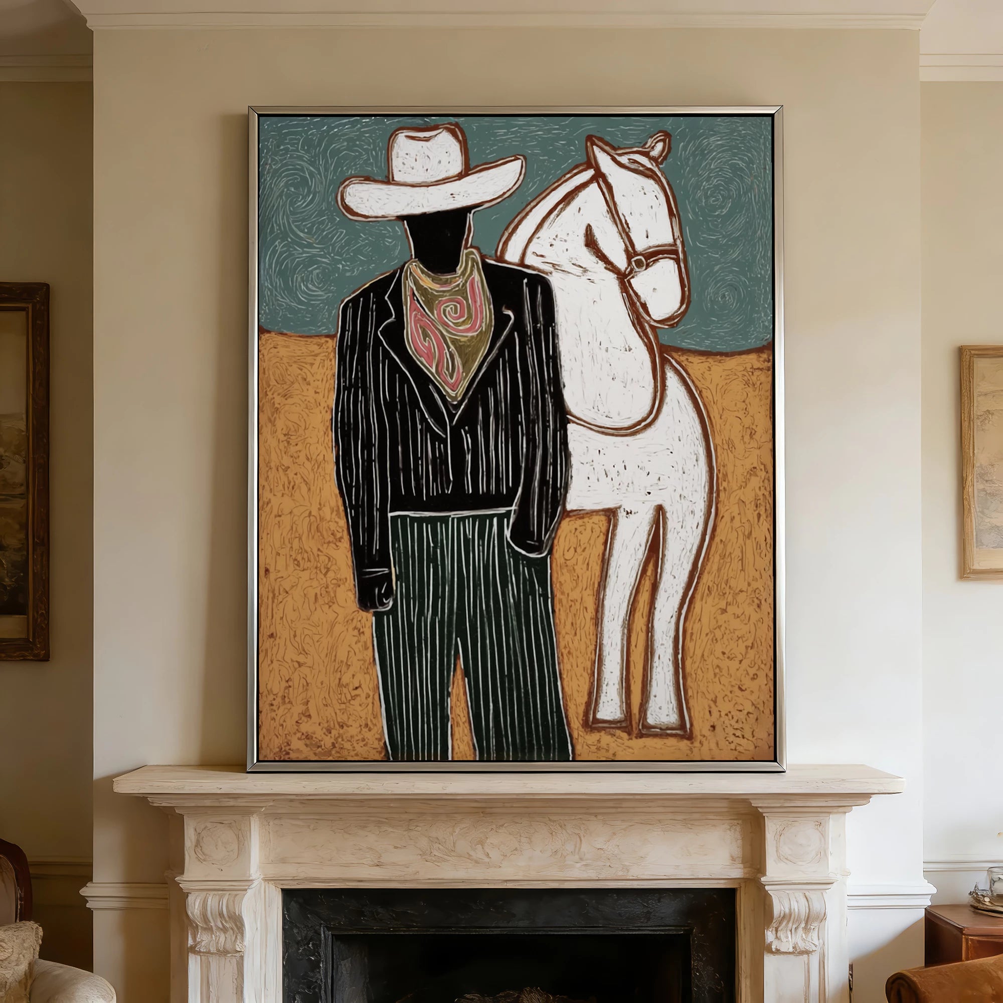 Modern Western Cowboy White Horse Oil Painting #AB188