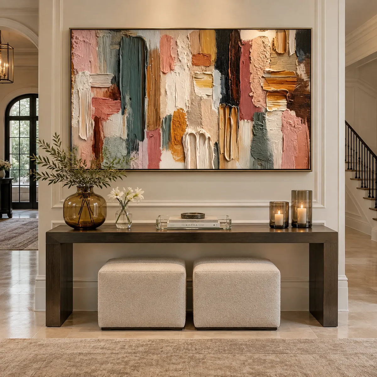 Blush Pink & Sage Green Hand-Painted 3D Textured Oil Painting, Abstract Color Block Wall Art #EIPL629Z