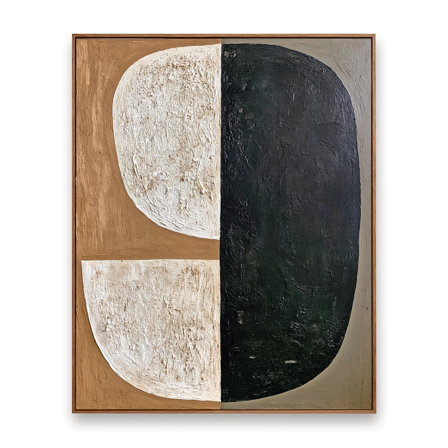 Wabi-Sabi Tan & Black Split Shape Textured Abstract Oil Painting #WA142