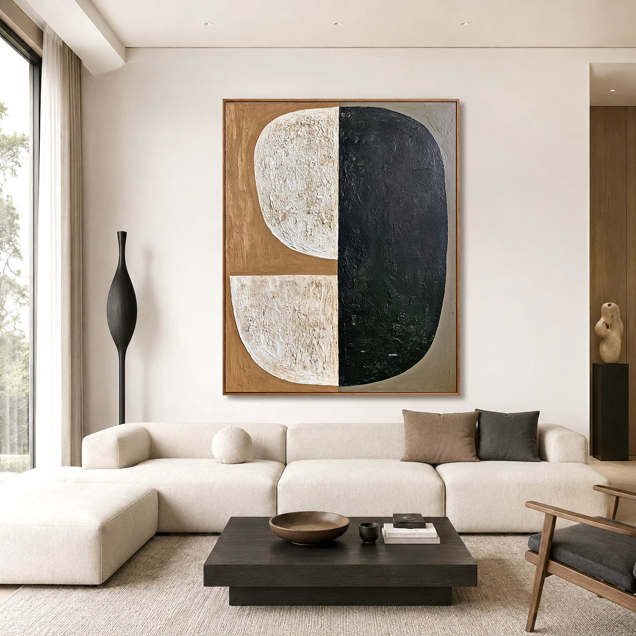 Wabi-Sabi Tan & Black Split Shape Textured Abstract Oil Painting #WA142