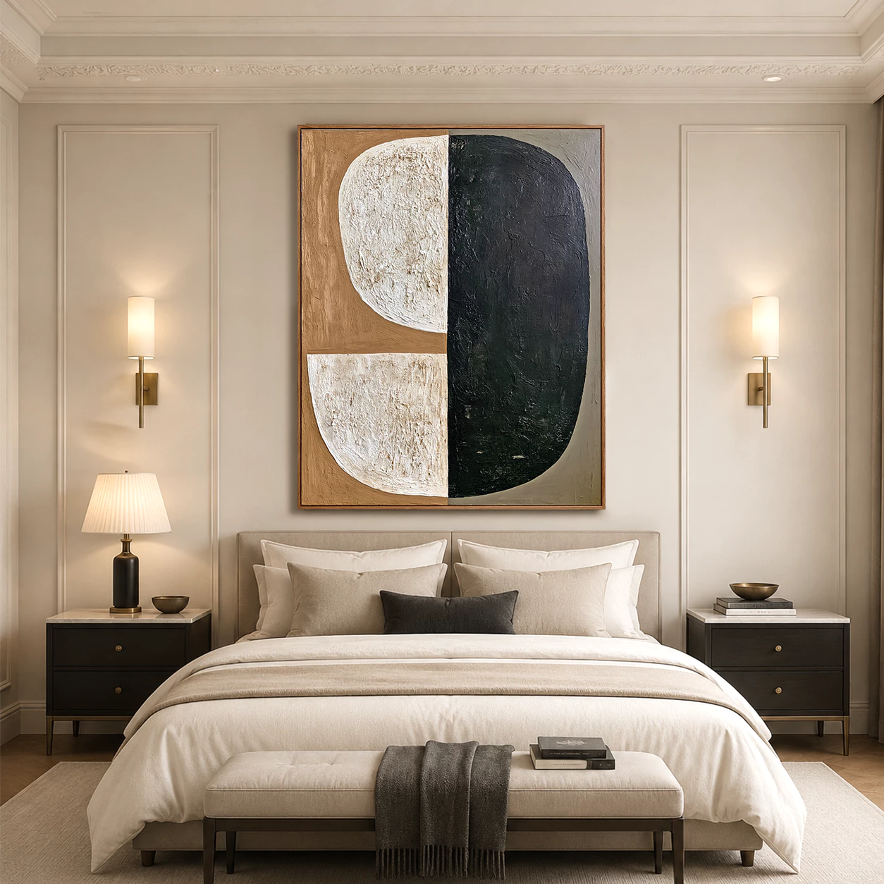 Wabi-Sabi Tan & Black Split Shape Textured Abstract Oil Painting #WA142