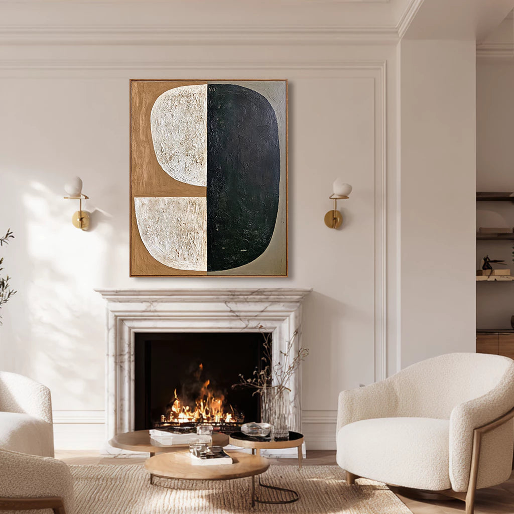 Wabi-Sabi Tan & Black Split Shape Textured Abstract Oil Painting #WA142