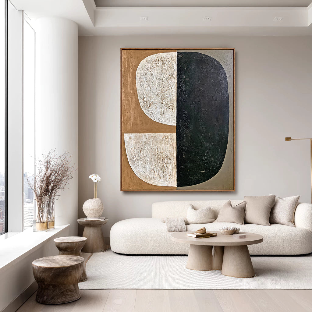 Wabi-Sabi Tan & Black Split Shape Textured Abstract Oil Painting #WA142