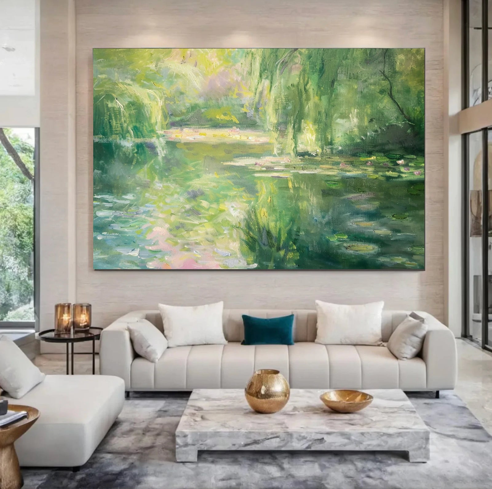 Green Water Lily Pond Oil Painting, Impressionist Wall Art #FT579