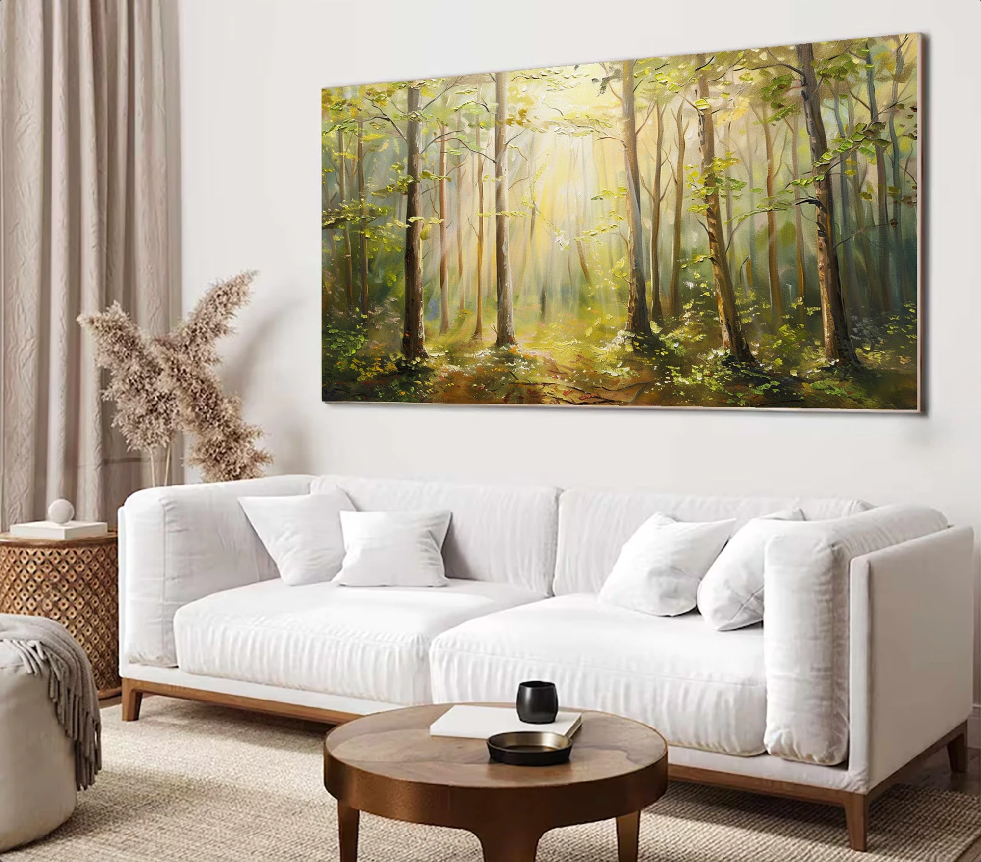 Sunlit Forest Landscape Oil Painting, Large Textured Wall Art #FT596