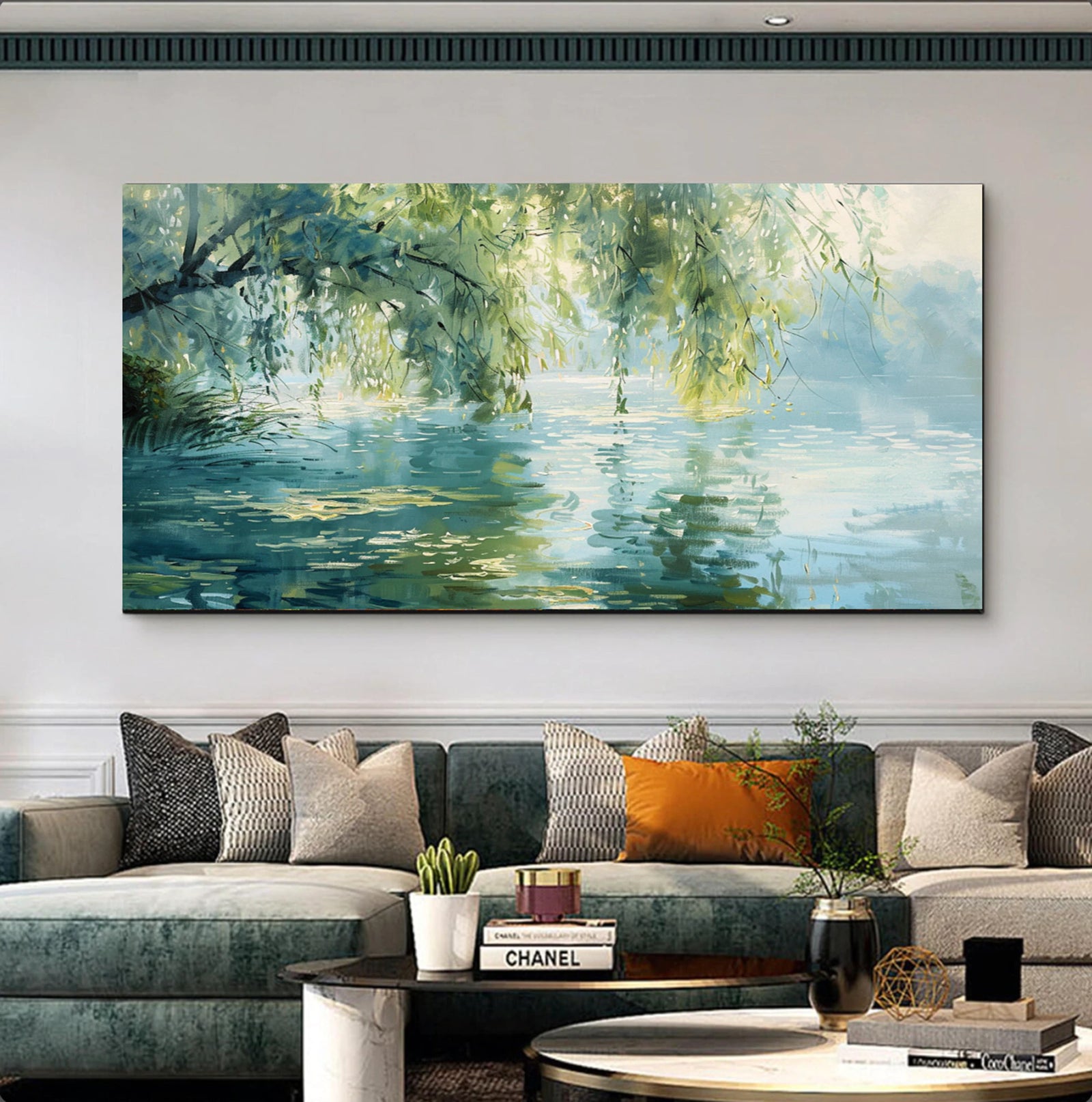 Tranquil Willow Lake Landscape Oil Painting #FT578