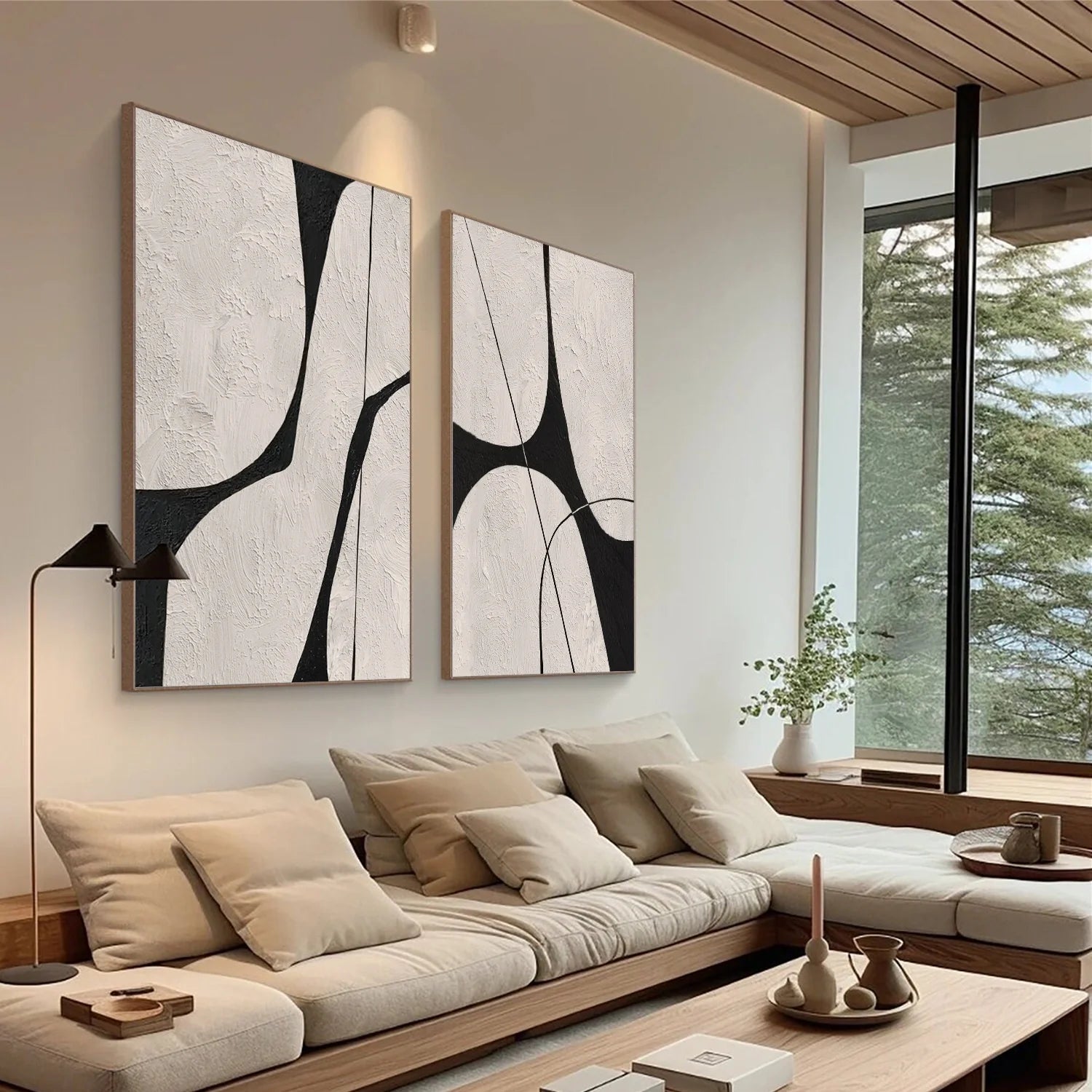 Beige & Black Abstract_Textured Canvas Art Set of 2 #WA779