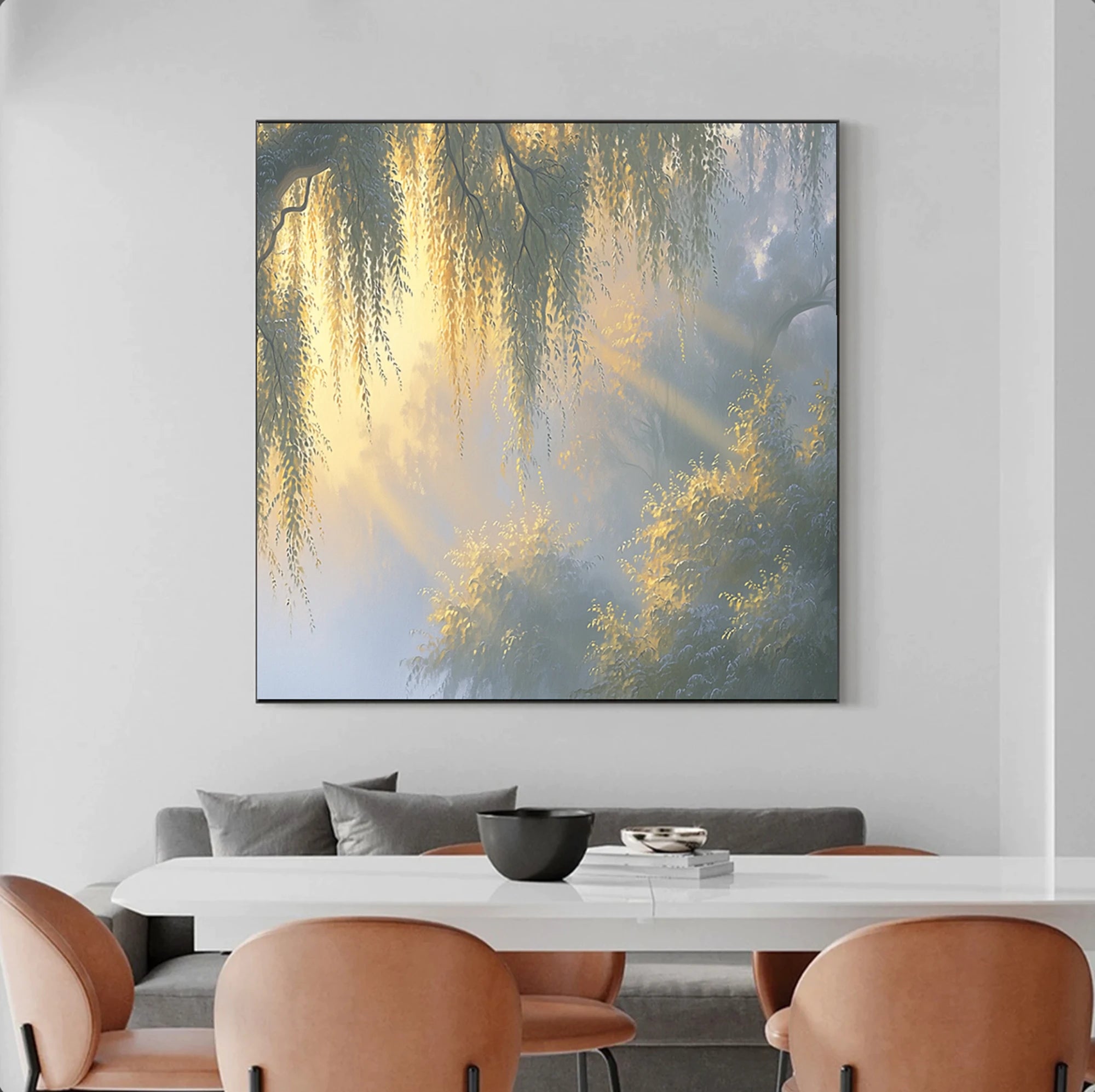 Hand-painted Morning Willow Light Forest Landscape Oil Painting #FT527